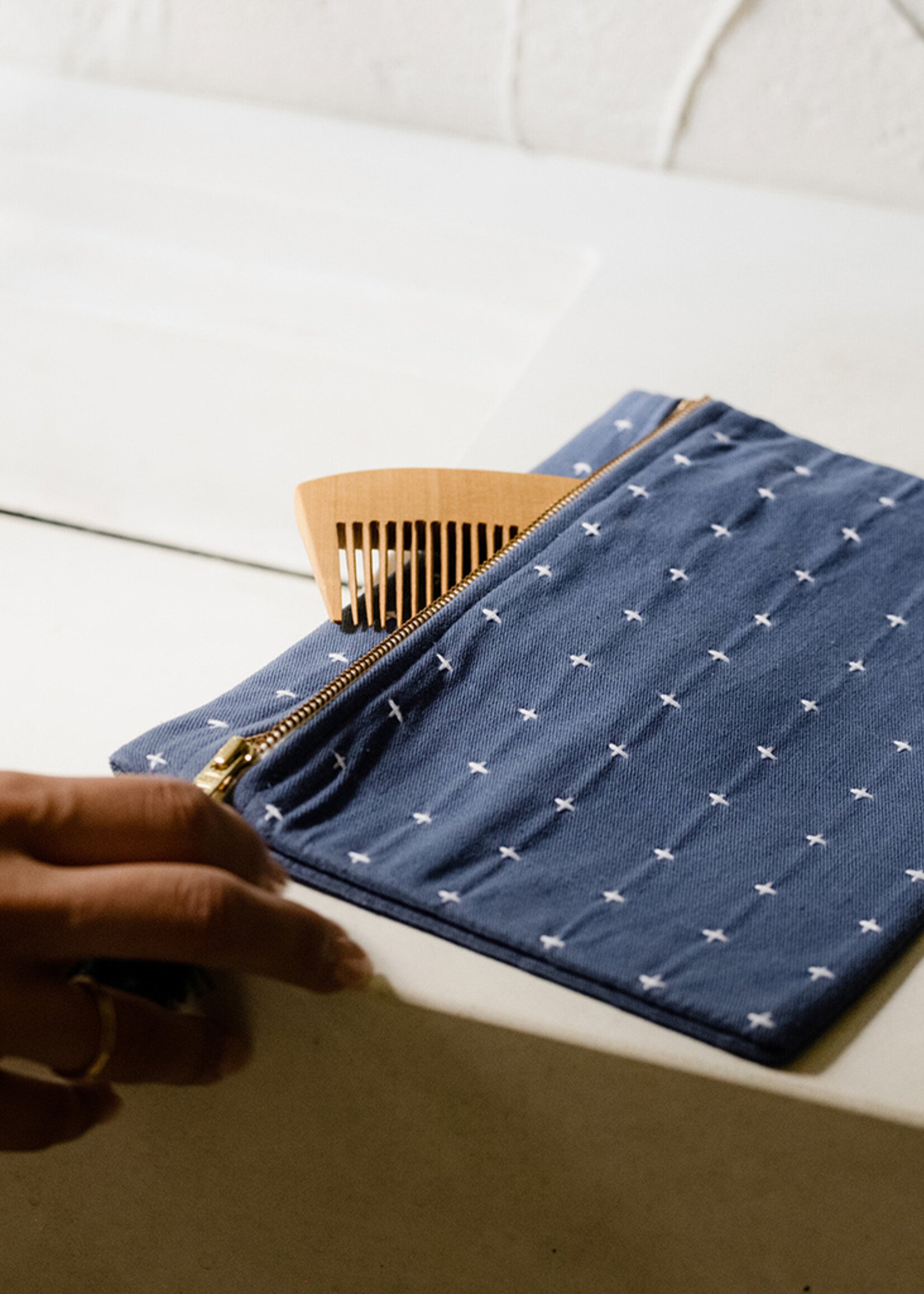 Anchal Project FINAL SALE - Slate Blue Cross-Stitch Pouch Clutch