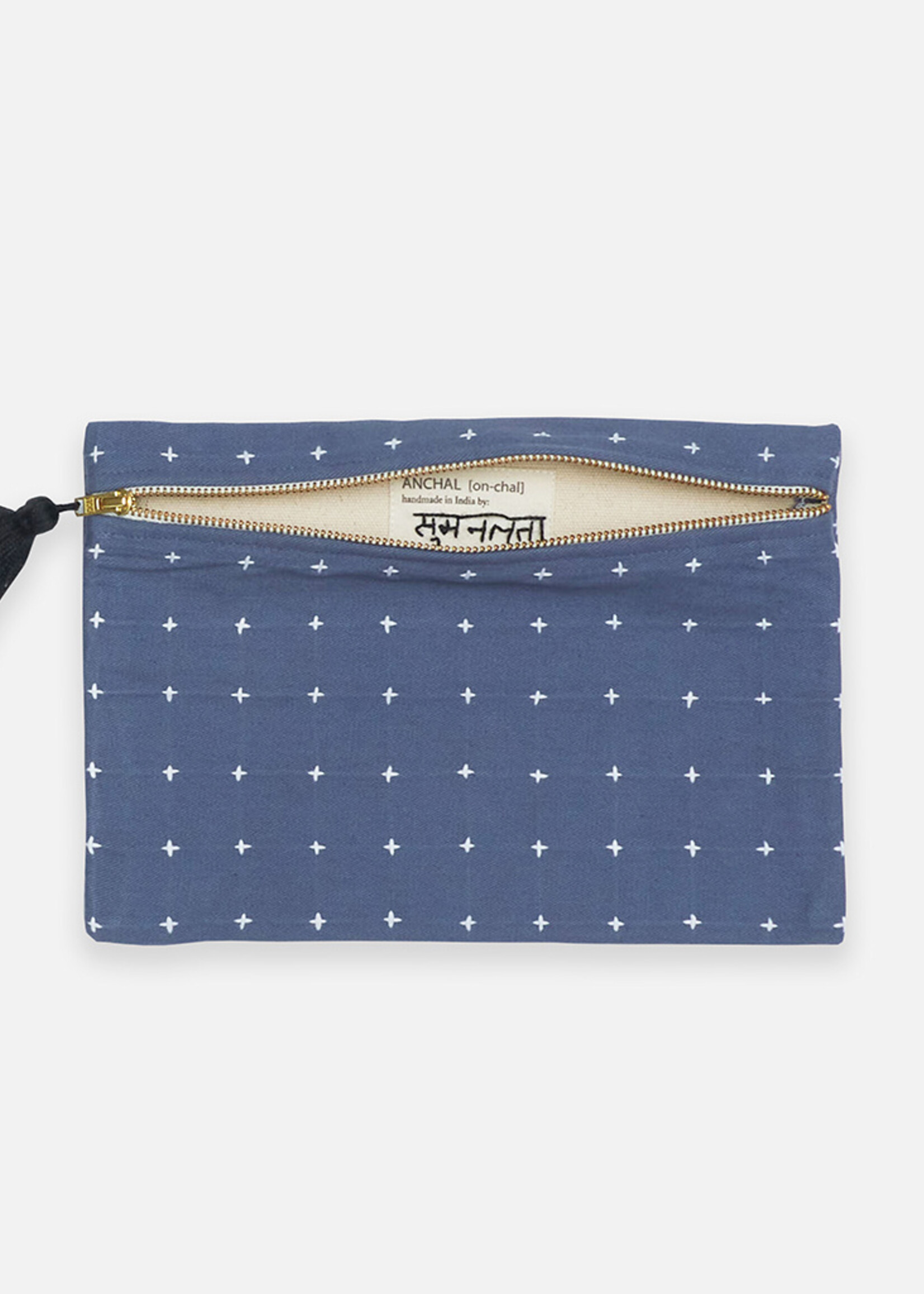 Anchal Project FINAL SALE - Slate Blue Cross-Stitch Pouch Clutch