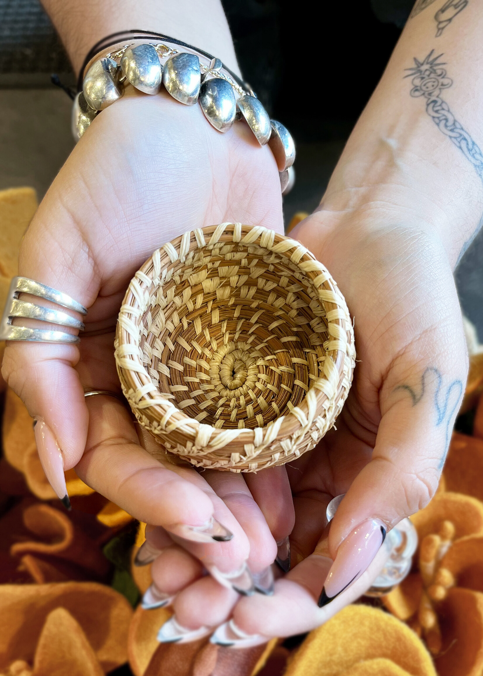Mayan Hands 2.5" Miniature Pine Needle Basket