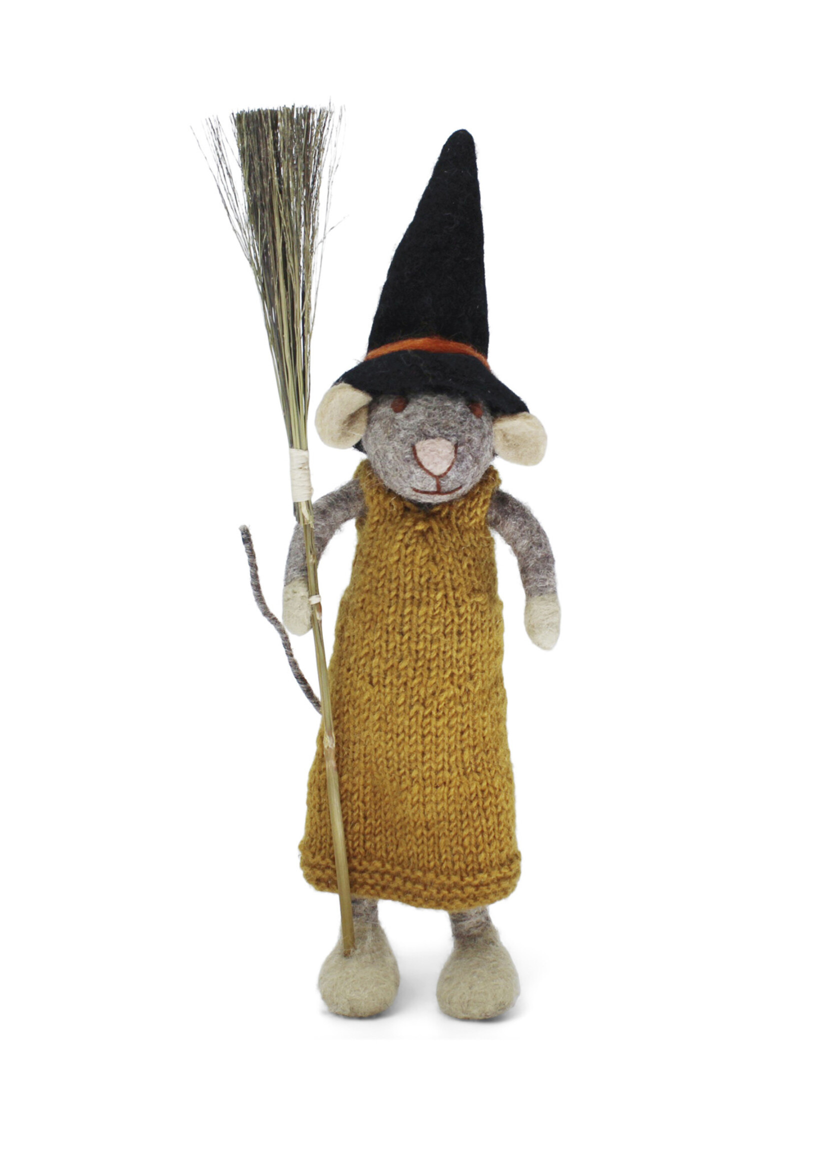 Gry and Sif Large Felt Mouse - Grey with Broom