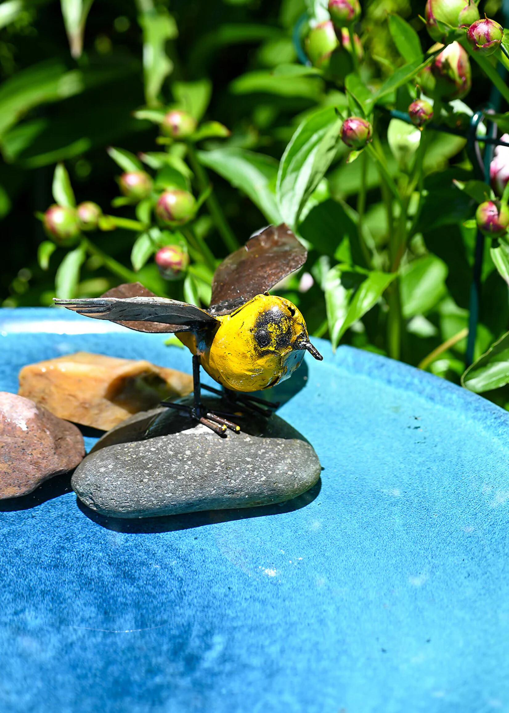 African Modern Yellow Fluttering Bird Metal Sculpture