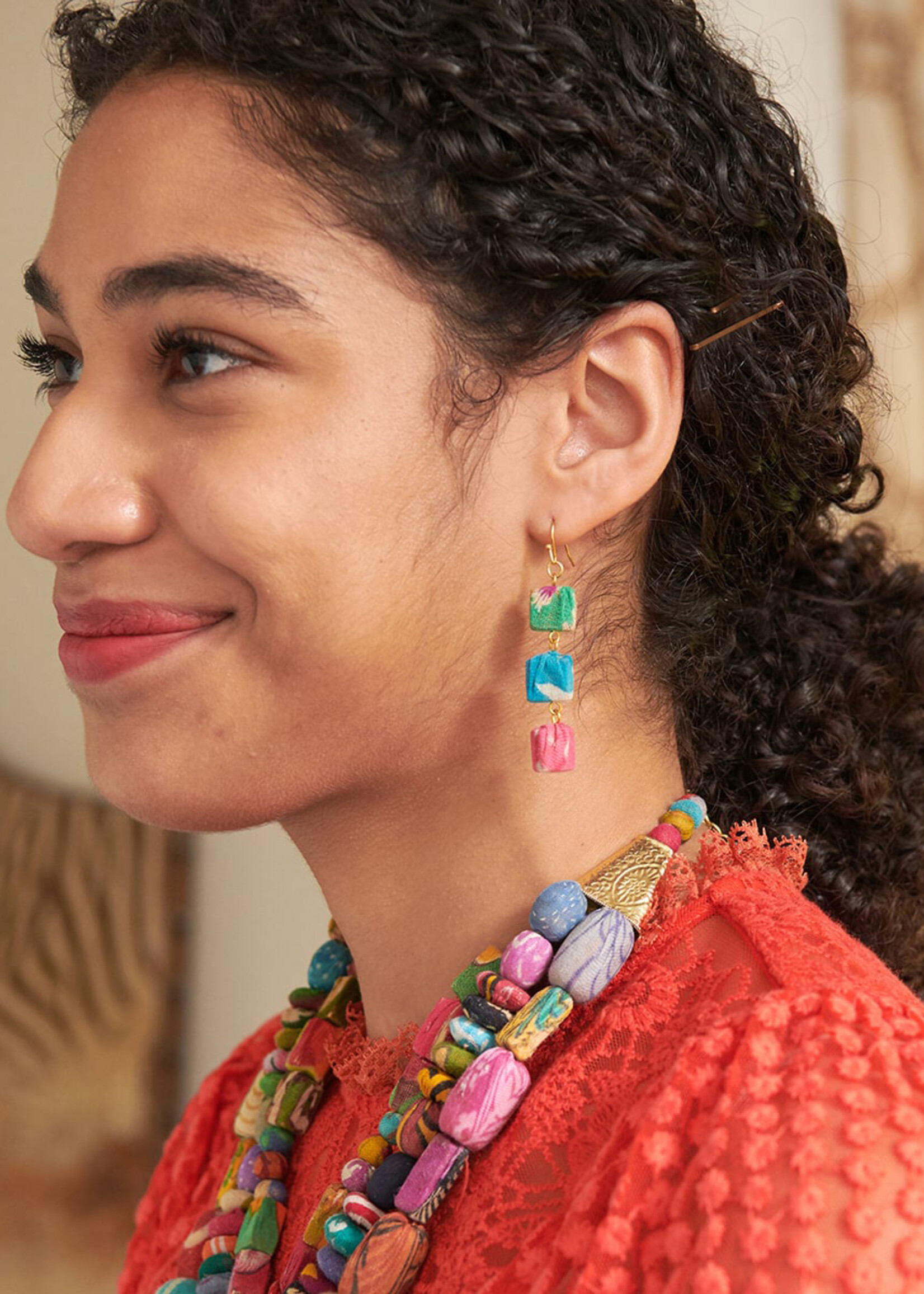WorldFinds Kantha Fluid Square Trio Earrings