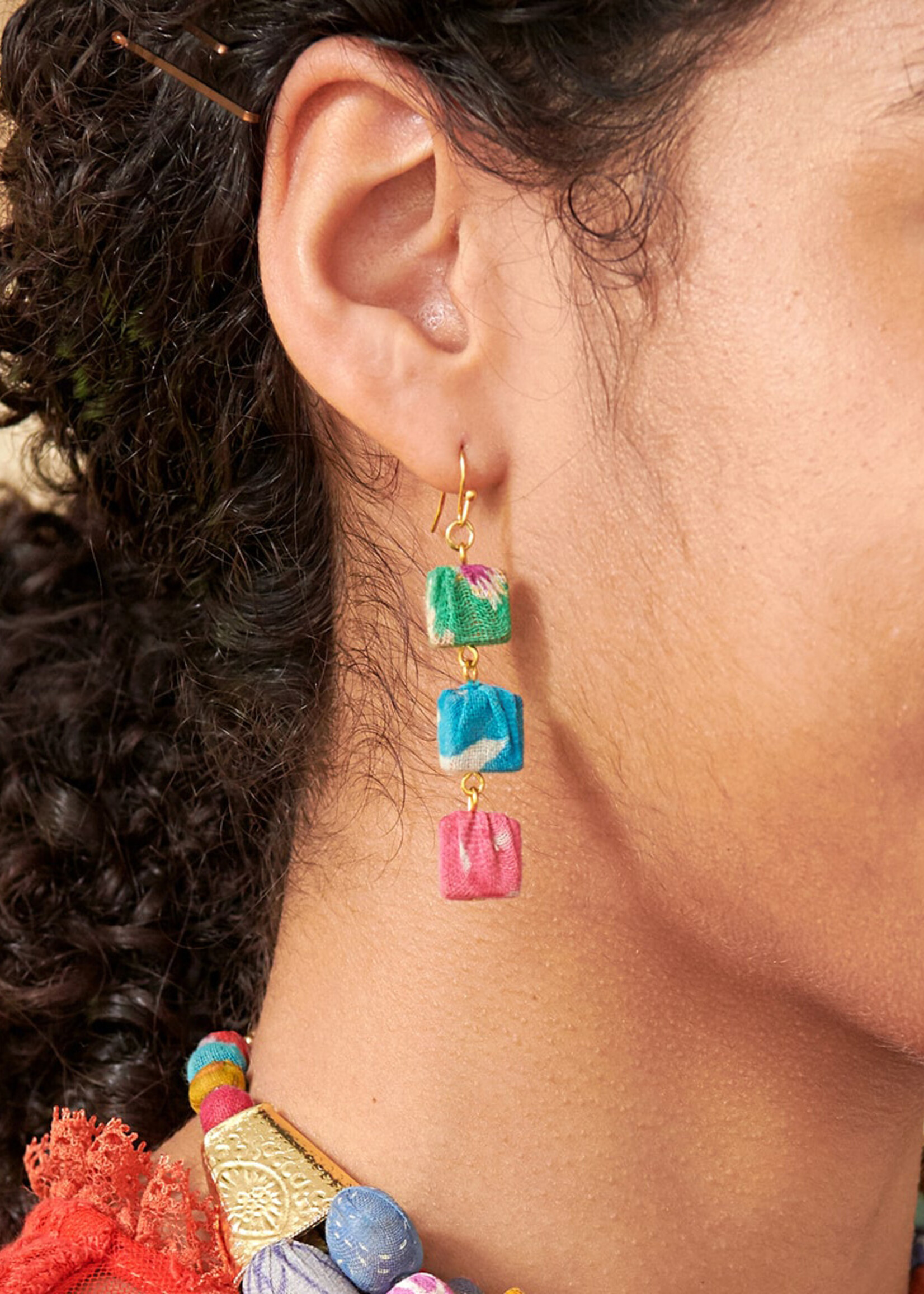WorldFinds Kantha Fluid Square Trio Earrings