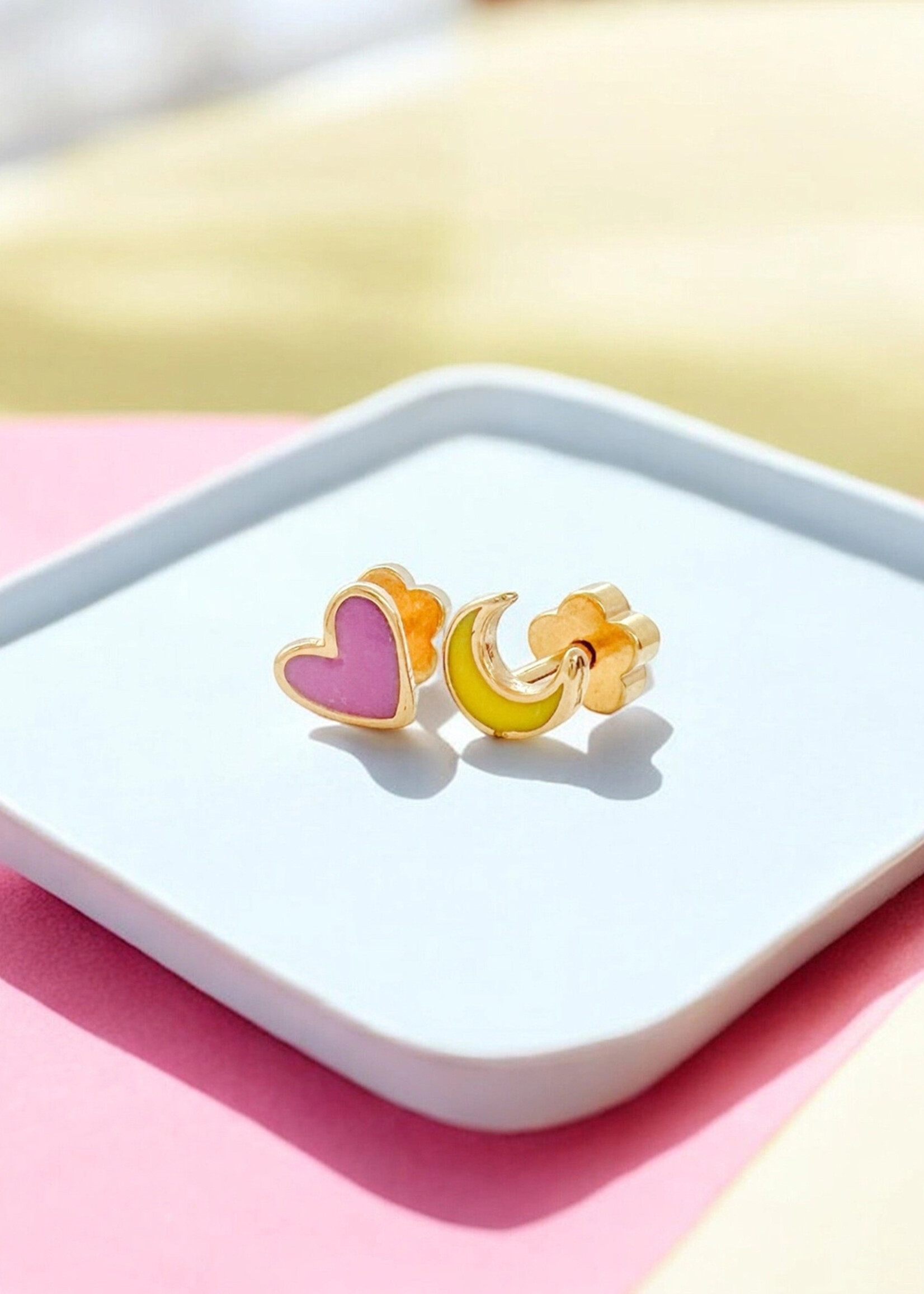 Ethic Goods Pink Heart & Moon Tiny Stud Earrings