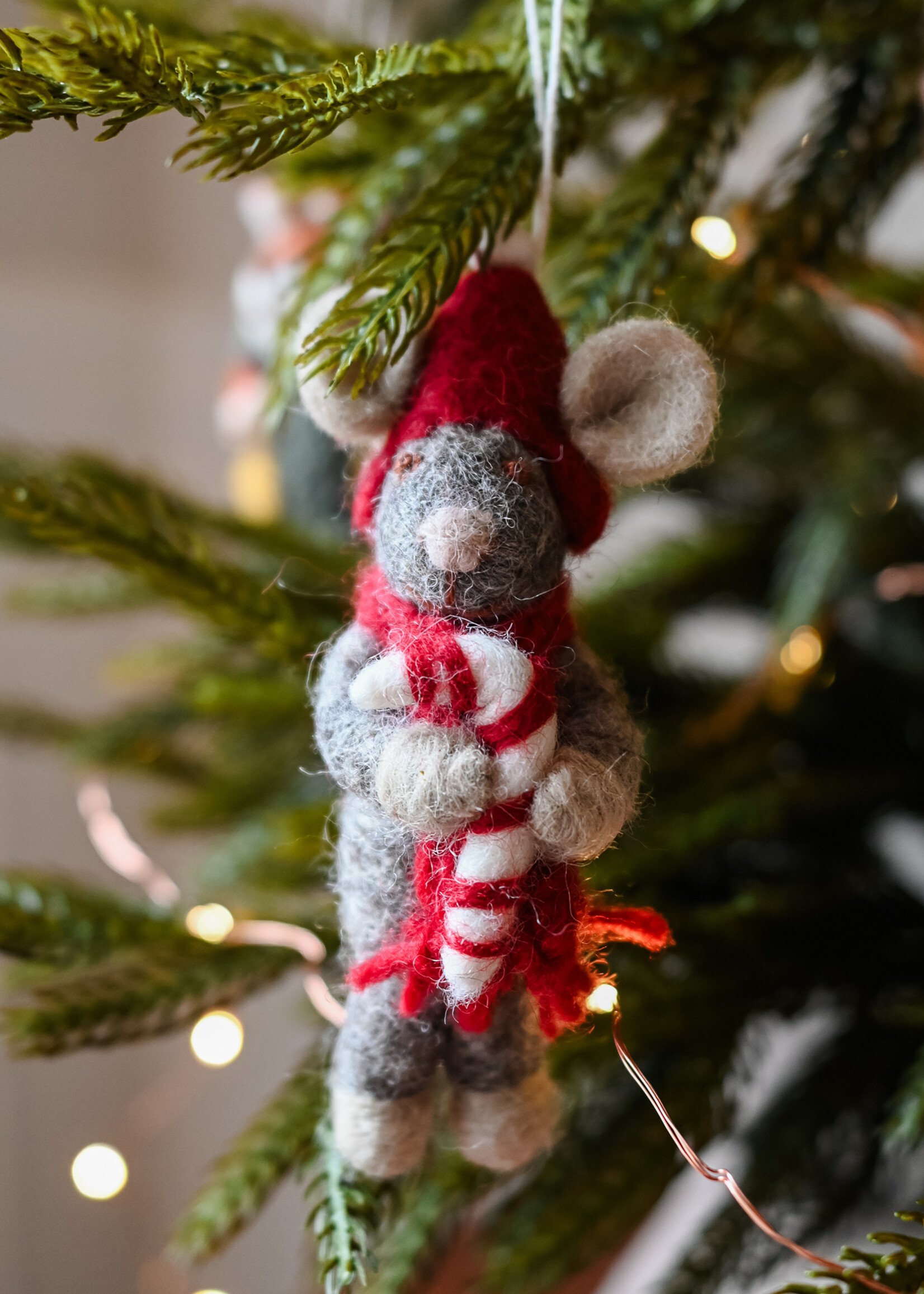 Gry and Sif Felt Grey Mouse Ornament - Candy Cane