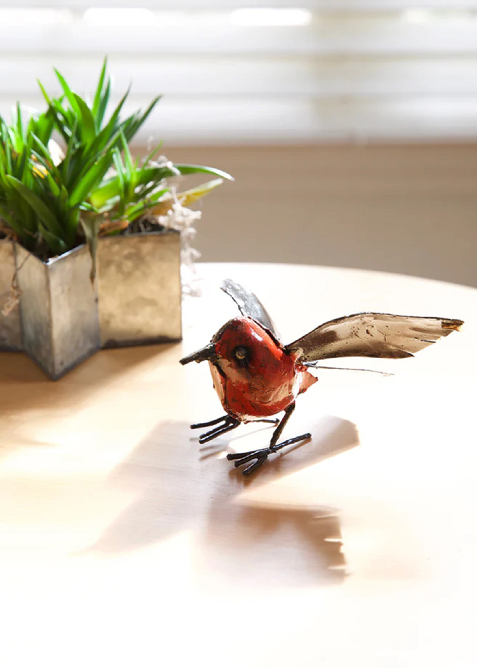 African Modern Red Fluttering Bird Metal Sculpture