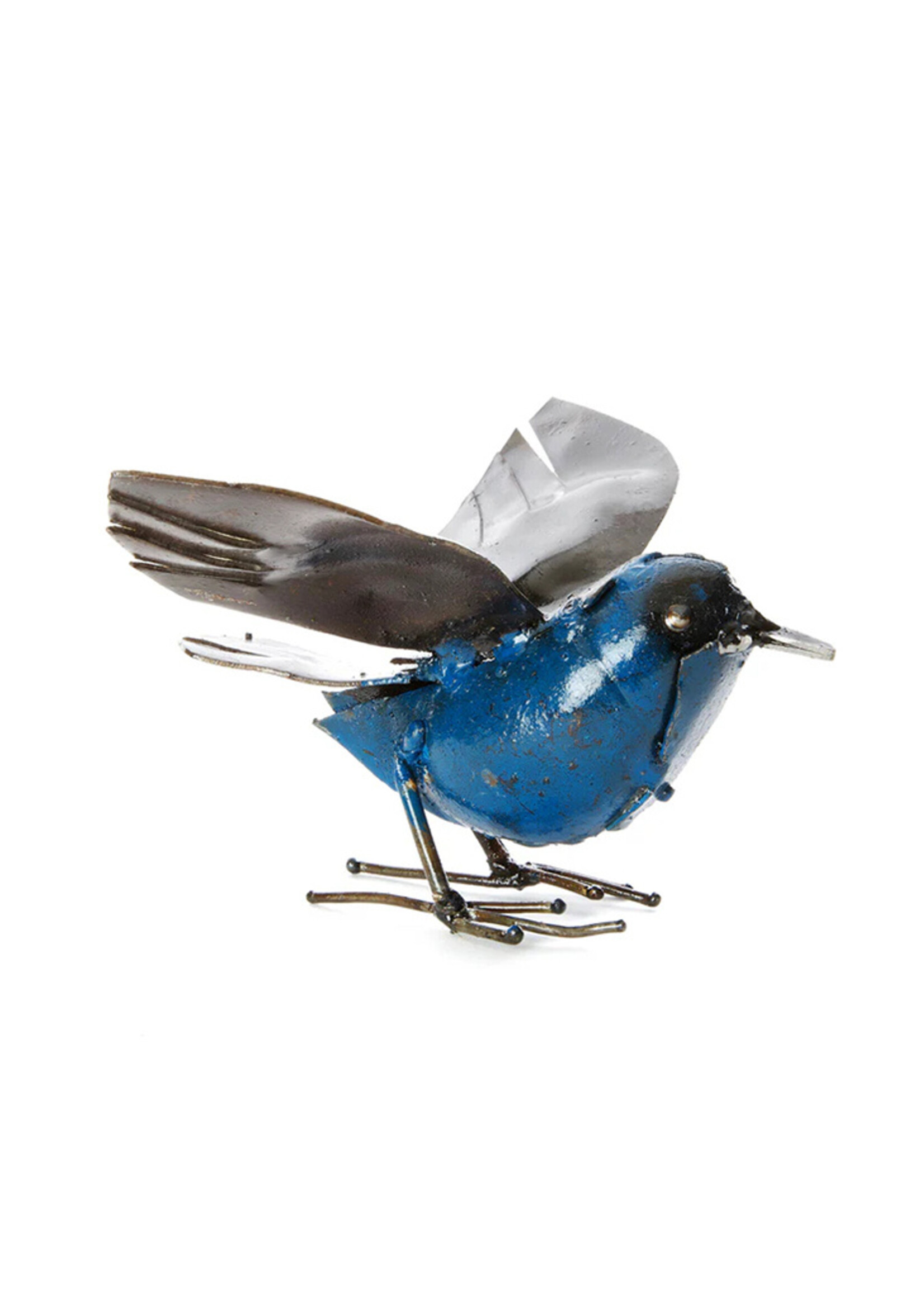 African Modern Blue Fluttering Bird Metal Sculpture