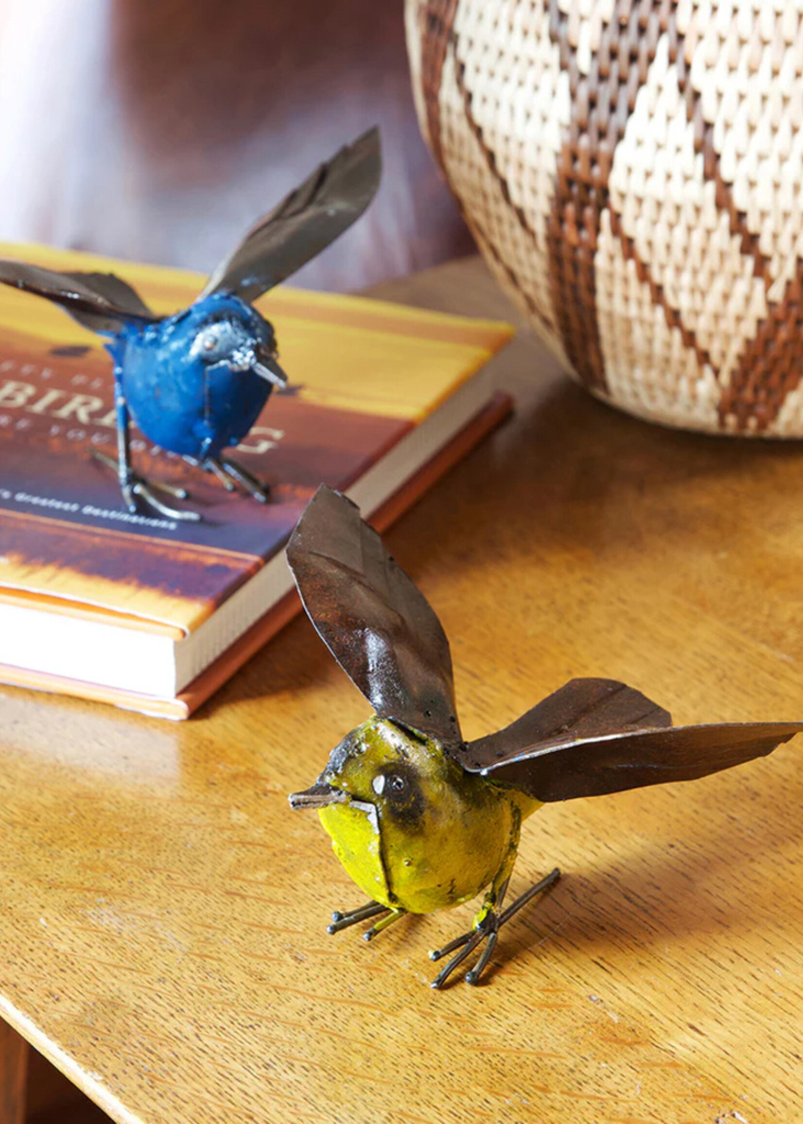 African Modern Blue Fluttering Bird Metal Sculpture