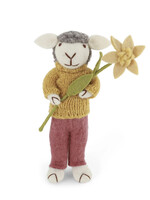 Gry and Sif Large Felt Grey Sheep with Dusty Red Pants and Flower