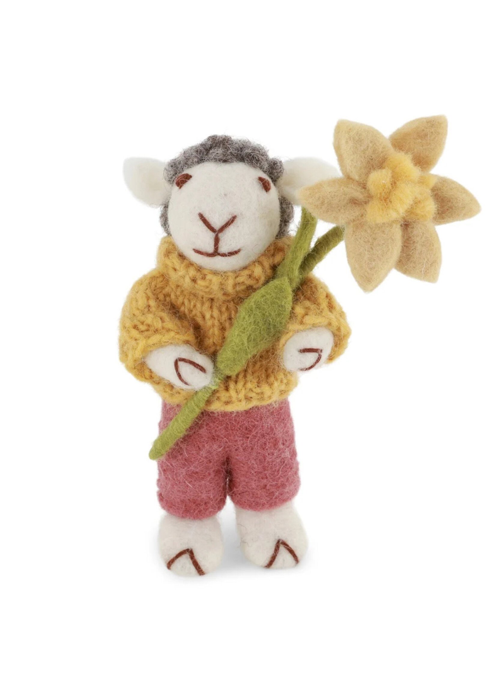 Gry and Sif Felt Grey Sheep Ornament - Dusty Red Pants and Flower