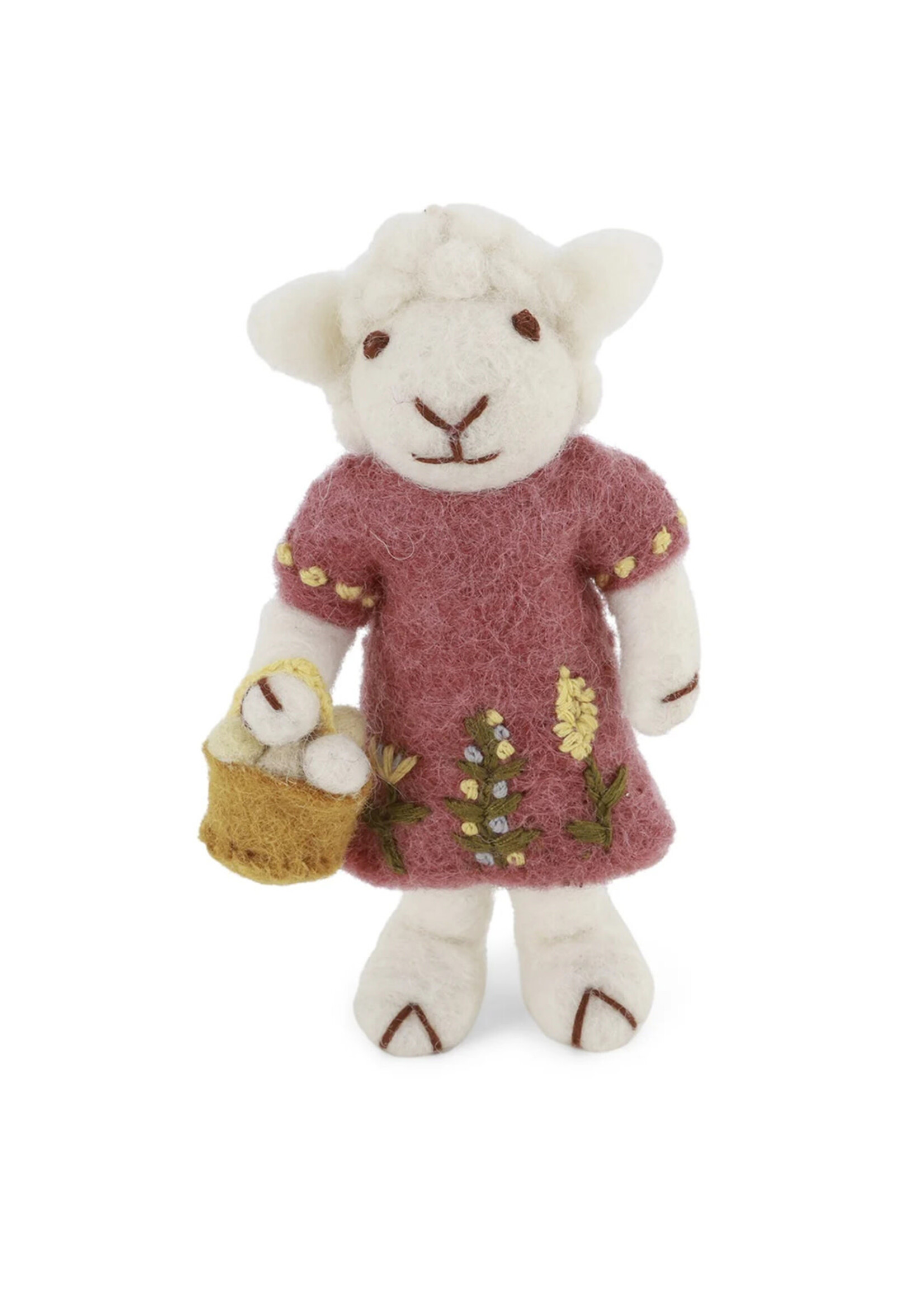 Gry and Sif Felt White Sheep Ornament - Dusty Red Dress and Basket