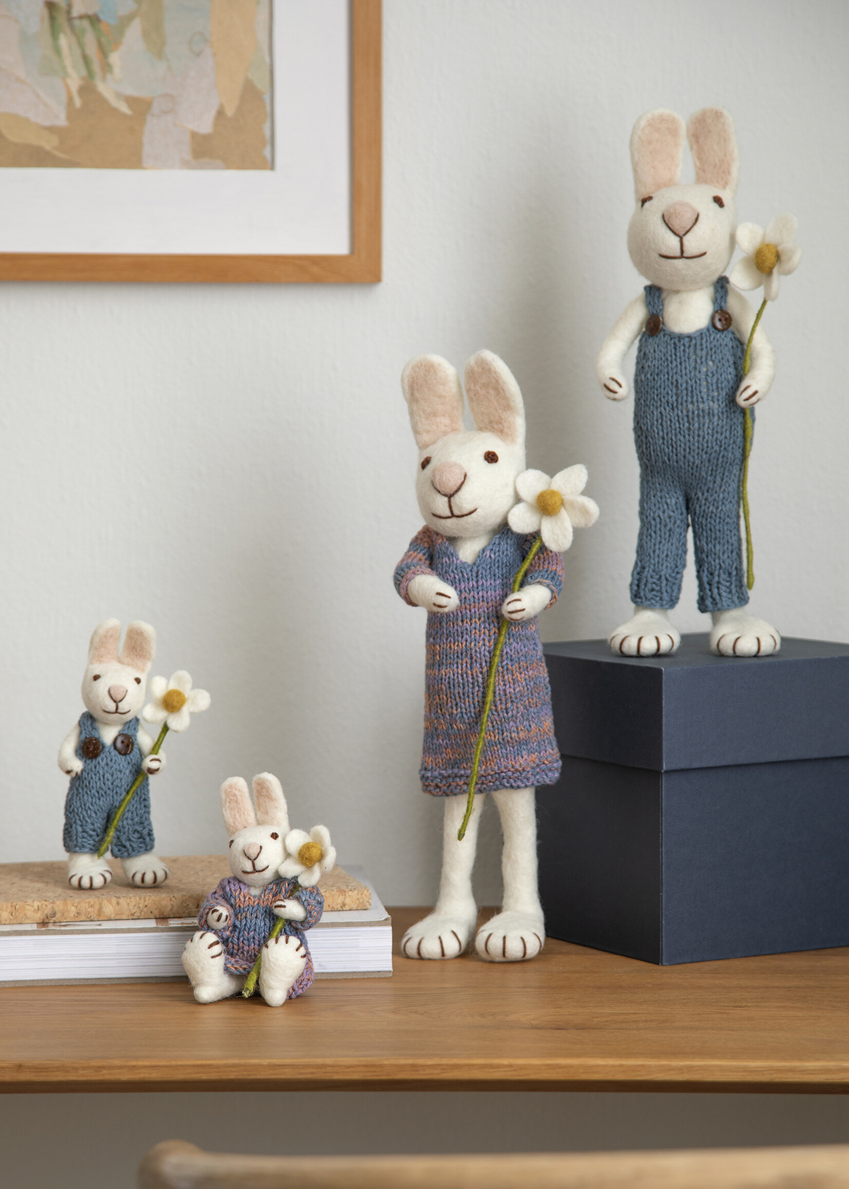 Gry and Sif Large Felt White Bunny with Blue Pants and Flower