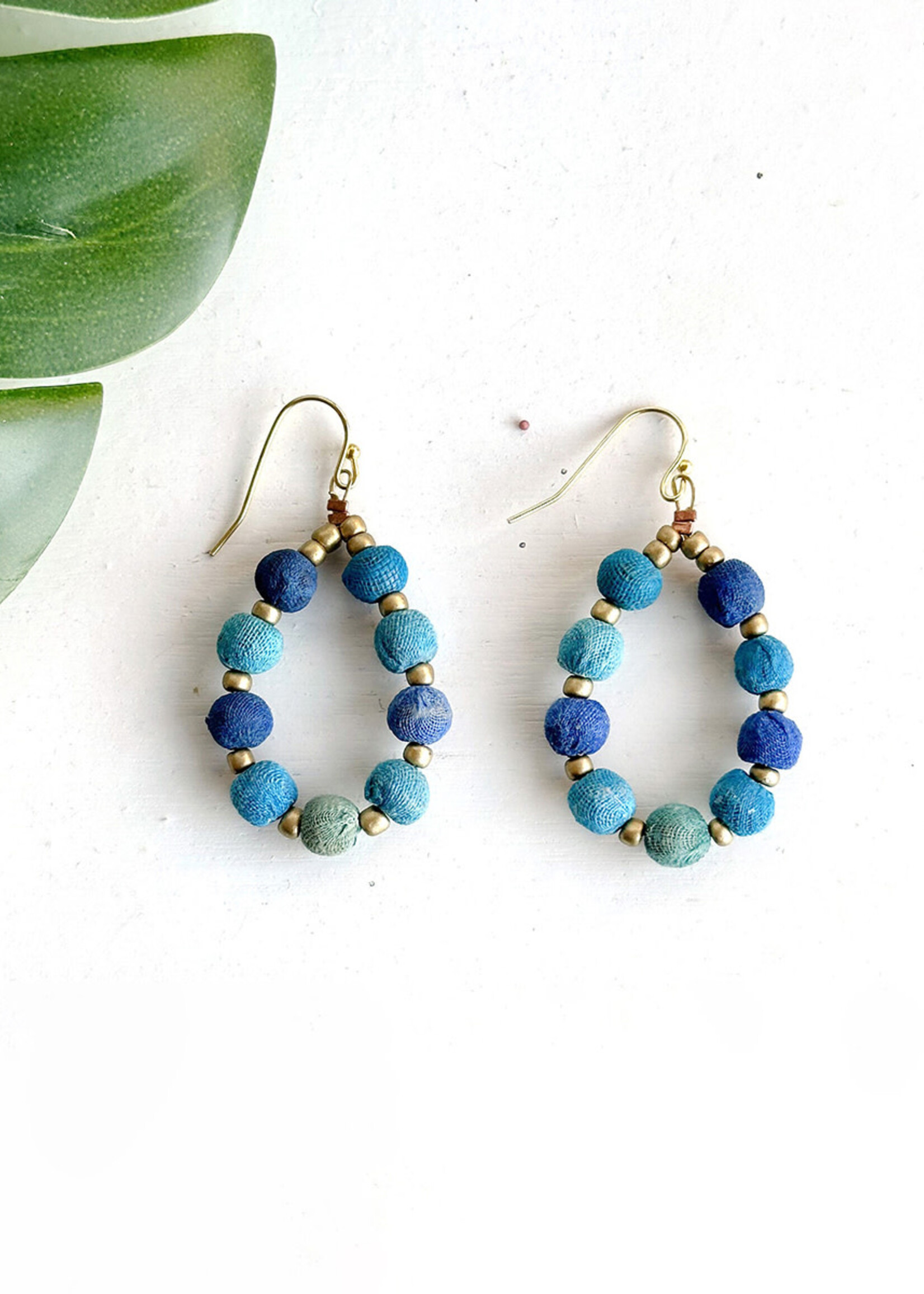 WorldFinds Kantha Azure Beaded Teardrop Earrings