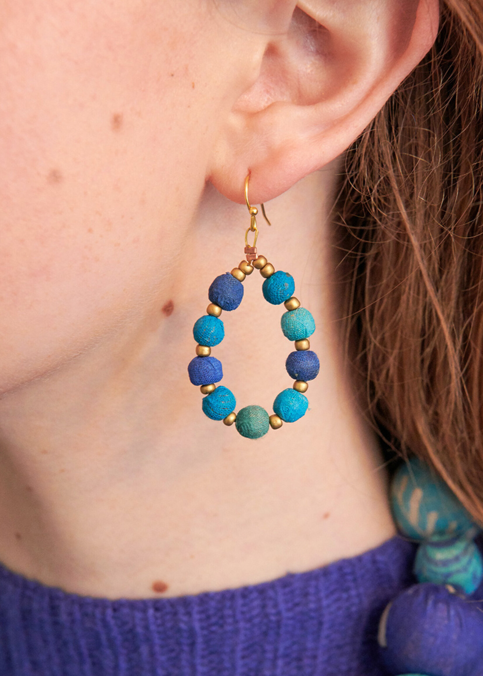 WorldFinds Kantha Azure Beaded Teardrop Earrings