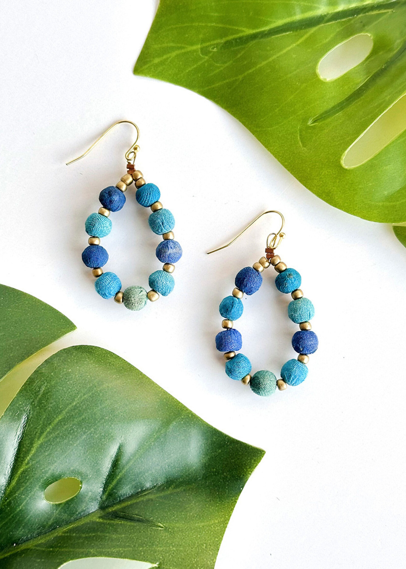WorldFinds Kantha Azure Beaded Teardrop Earrings