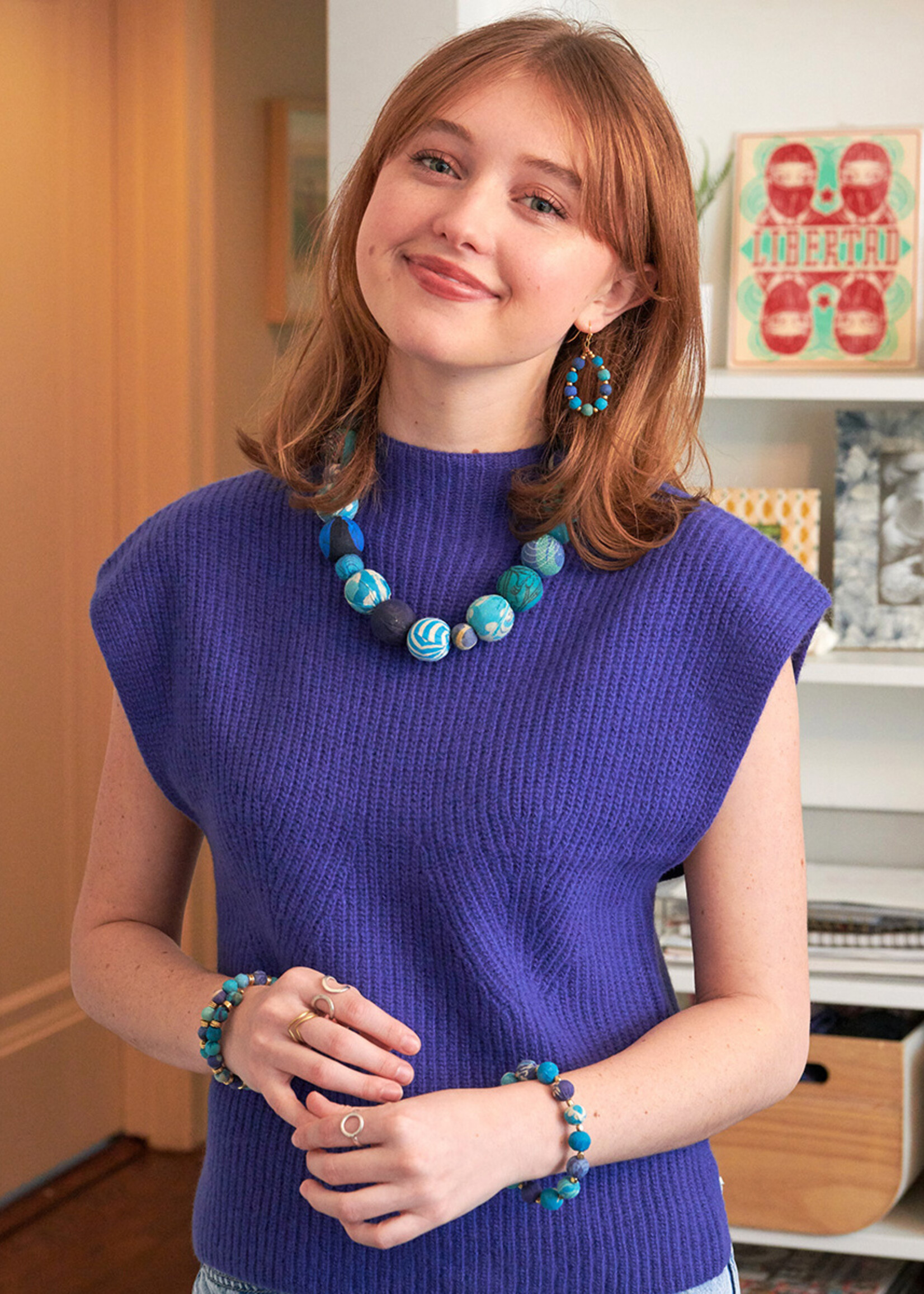 WorldFinds Kantha Azure Beaded Teardrop Earrings