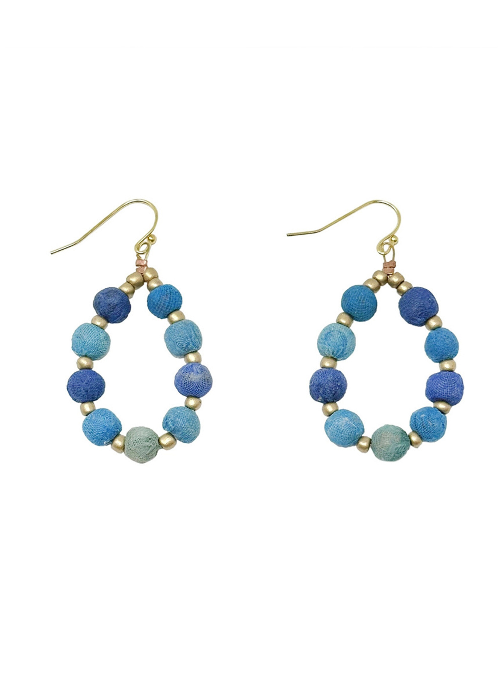 WorldFinds Kantha Azure Beaded Teardrop Earrings