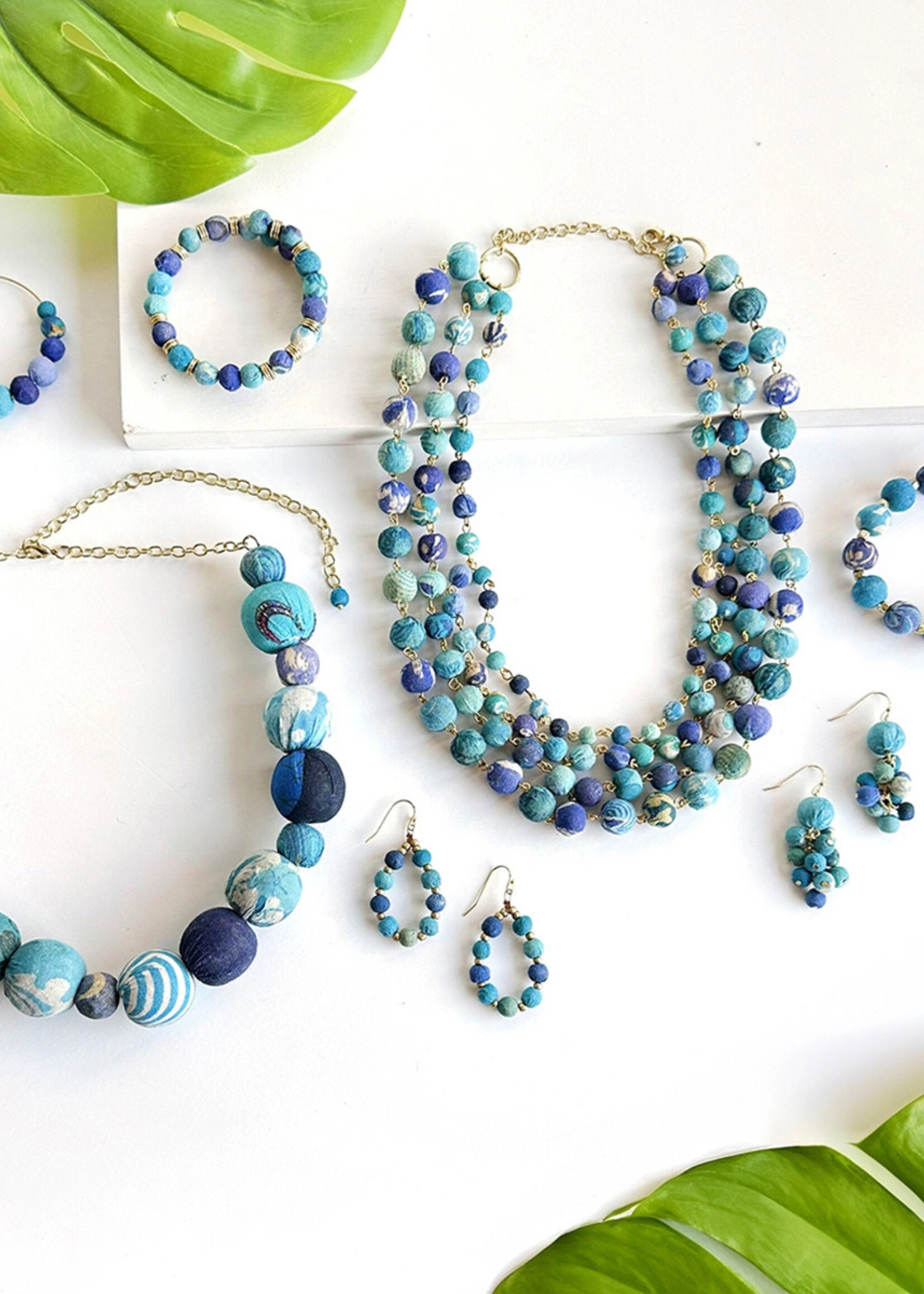 WorldFinds Kantha Azure Beaded Teardrop Earrings