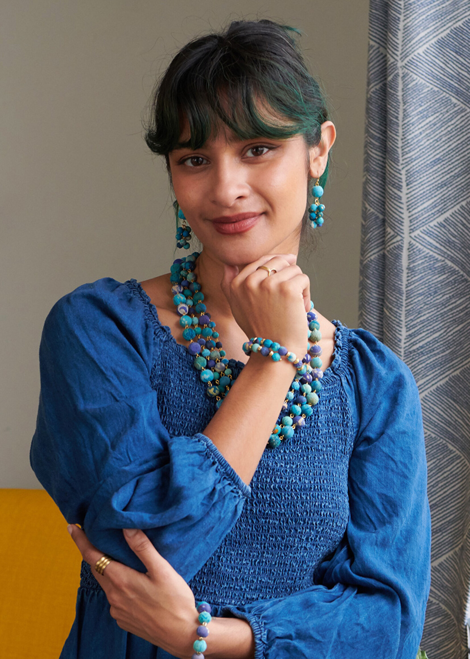 WorldFinds Kantha Azure Dangle Cluster Earrings