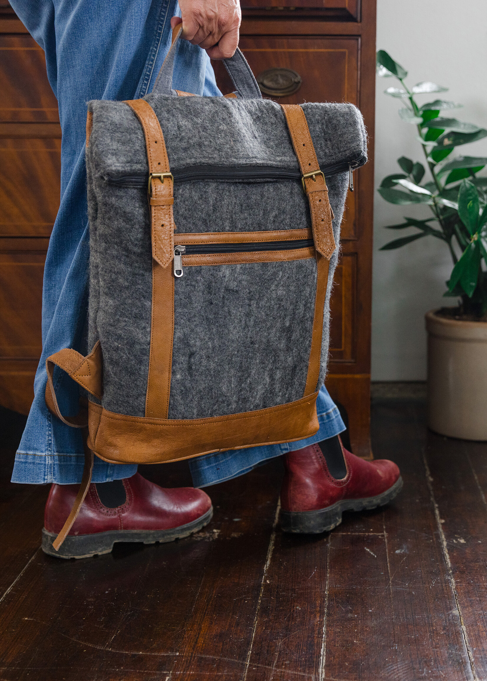 Felt and Natural Leather Backpack