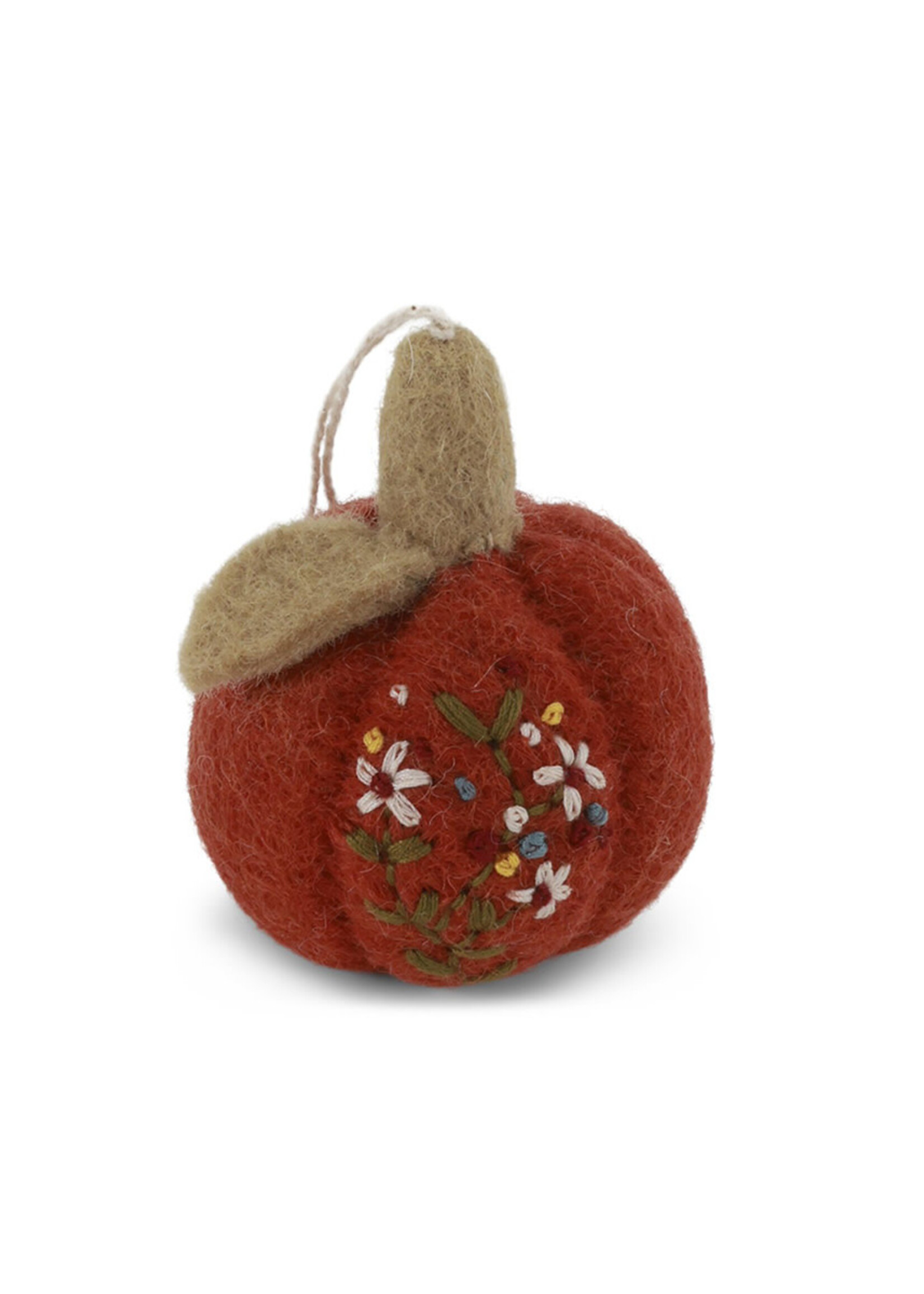 Gry and Sif Rusty Red Felt Pumpkin Ornament with Embroidery