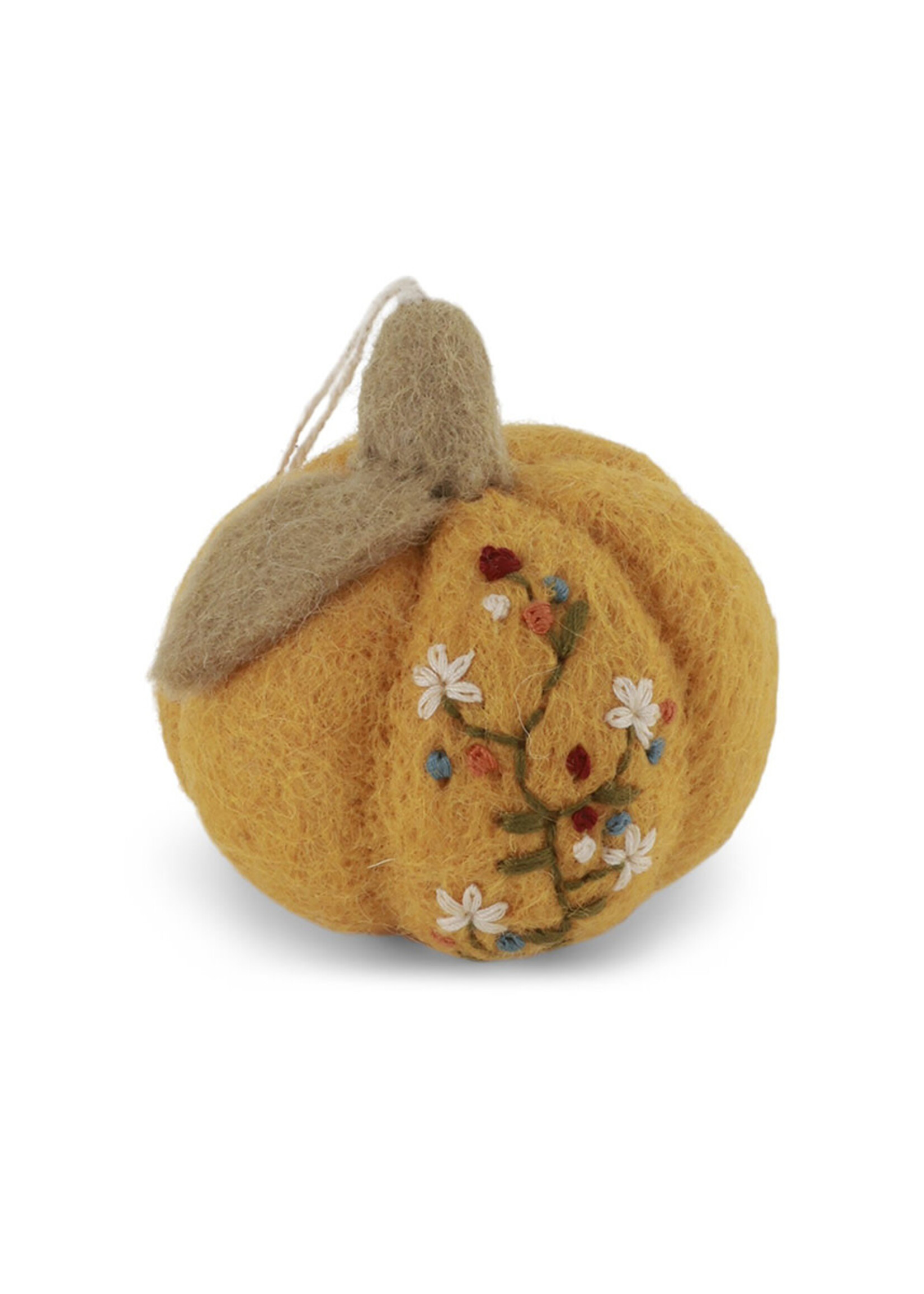 Gry and Sif Yellow Felt Pumpkin Ornament with Embroidery