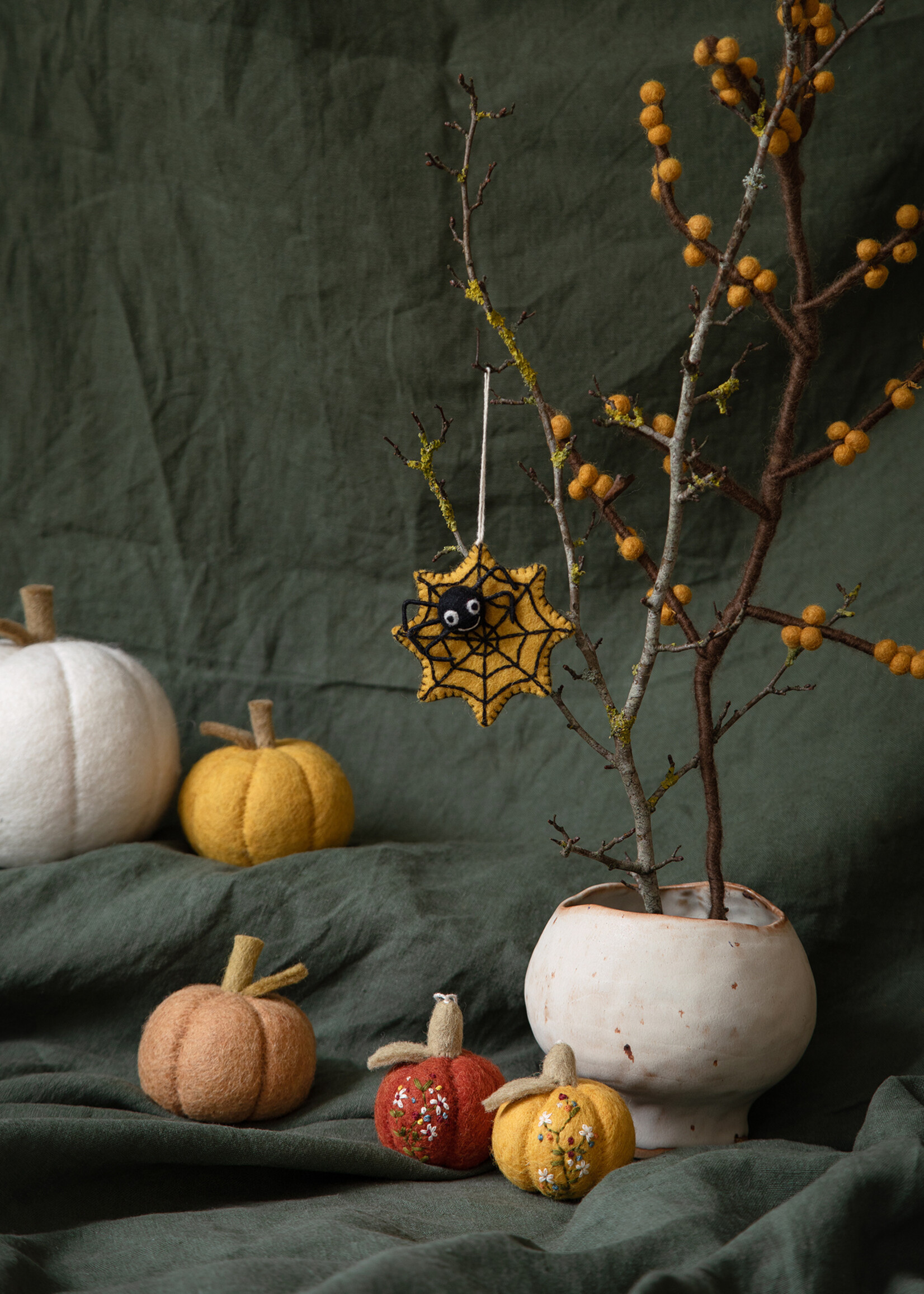 Gry and Sif Yellow Felt Pumpkin Ornament with Embroidery