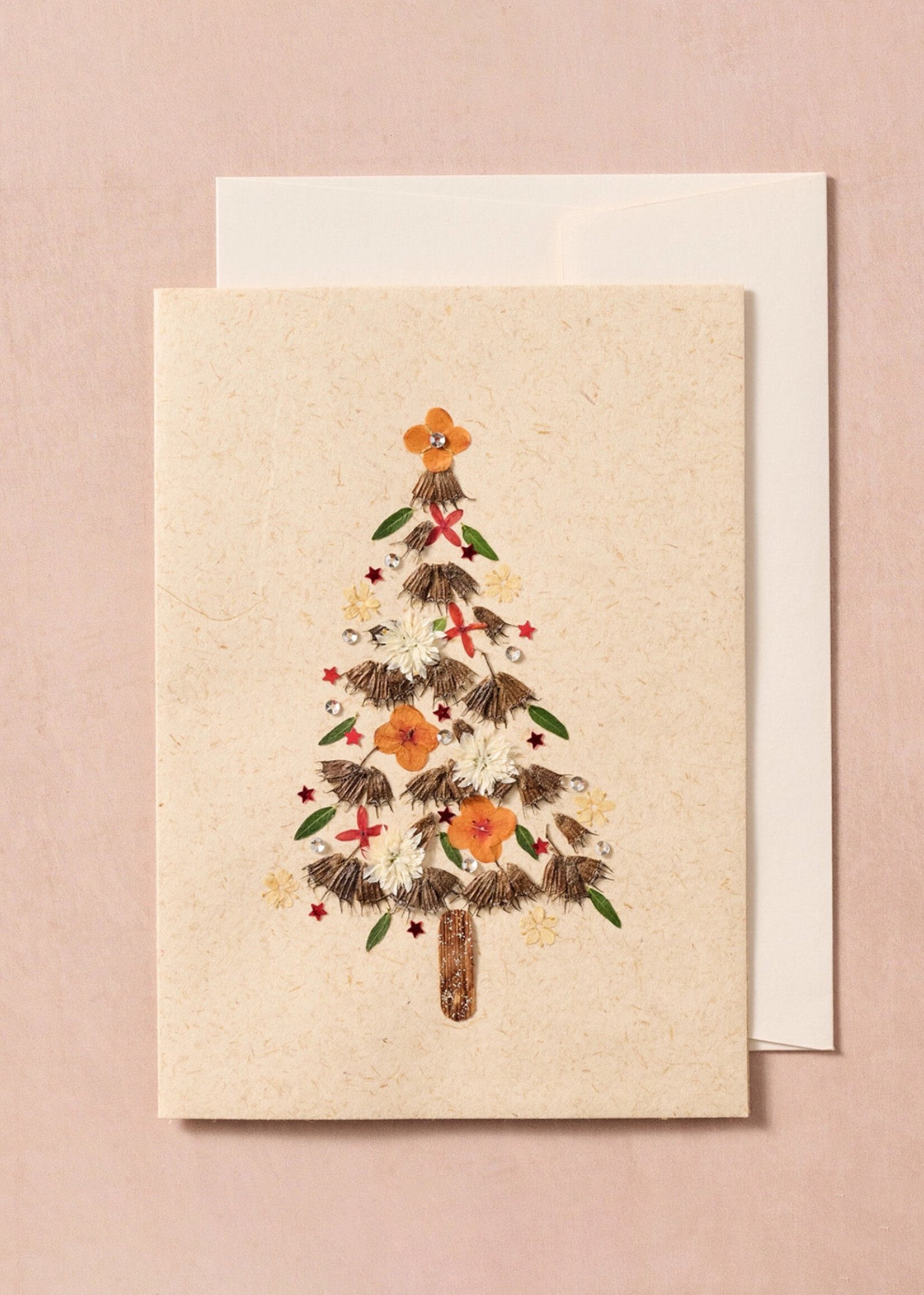 Ten Thousand Villages Masaya Pressed Flower Christmas Tree Card