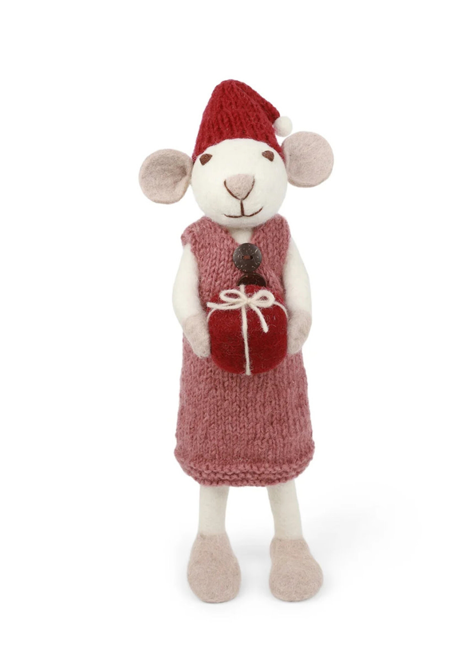 Gry and Sif Large Felt White Mouse with Dusty Red Dress & Present