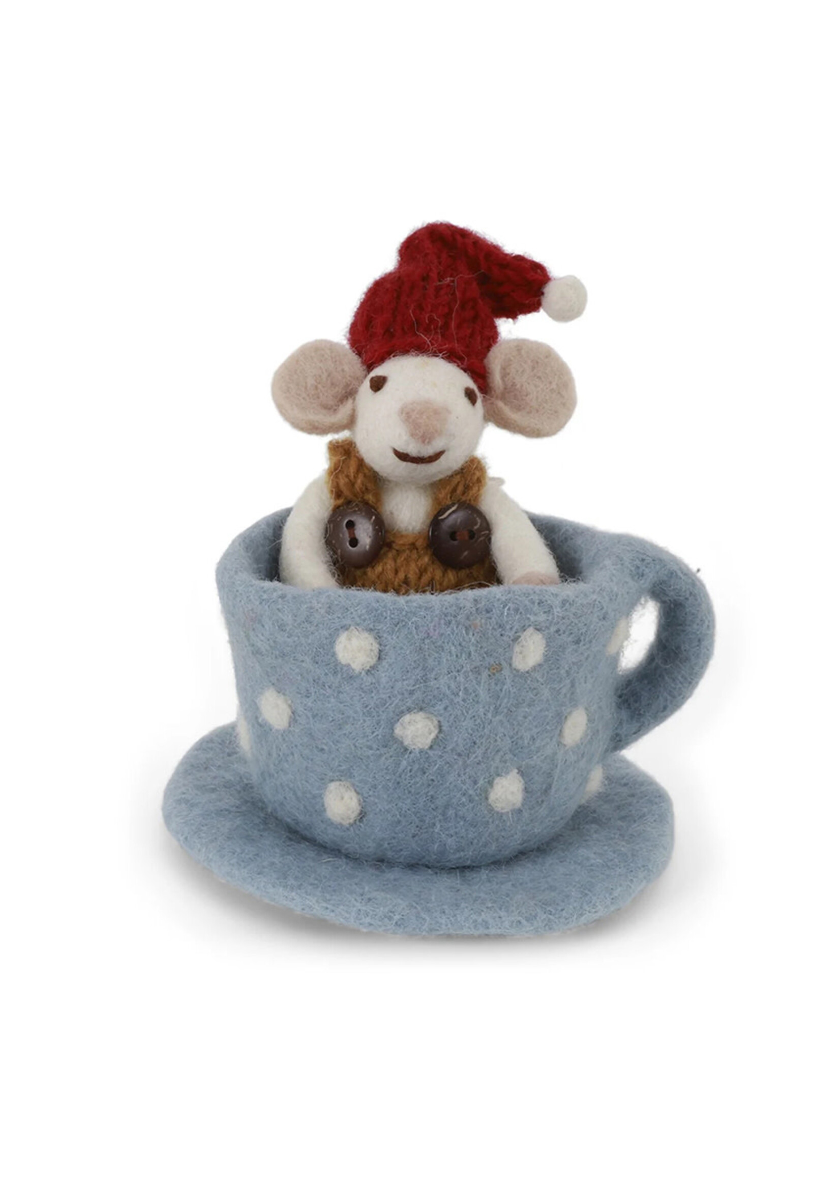 Gry and Sif Felt Mouse in Blue Coffee Cup Ornament