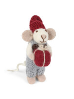 Gry and Sif Felt White Mouse with Light Blue Pants & Present Ornament