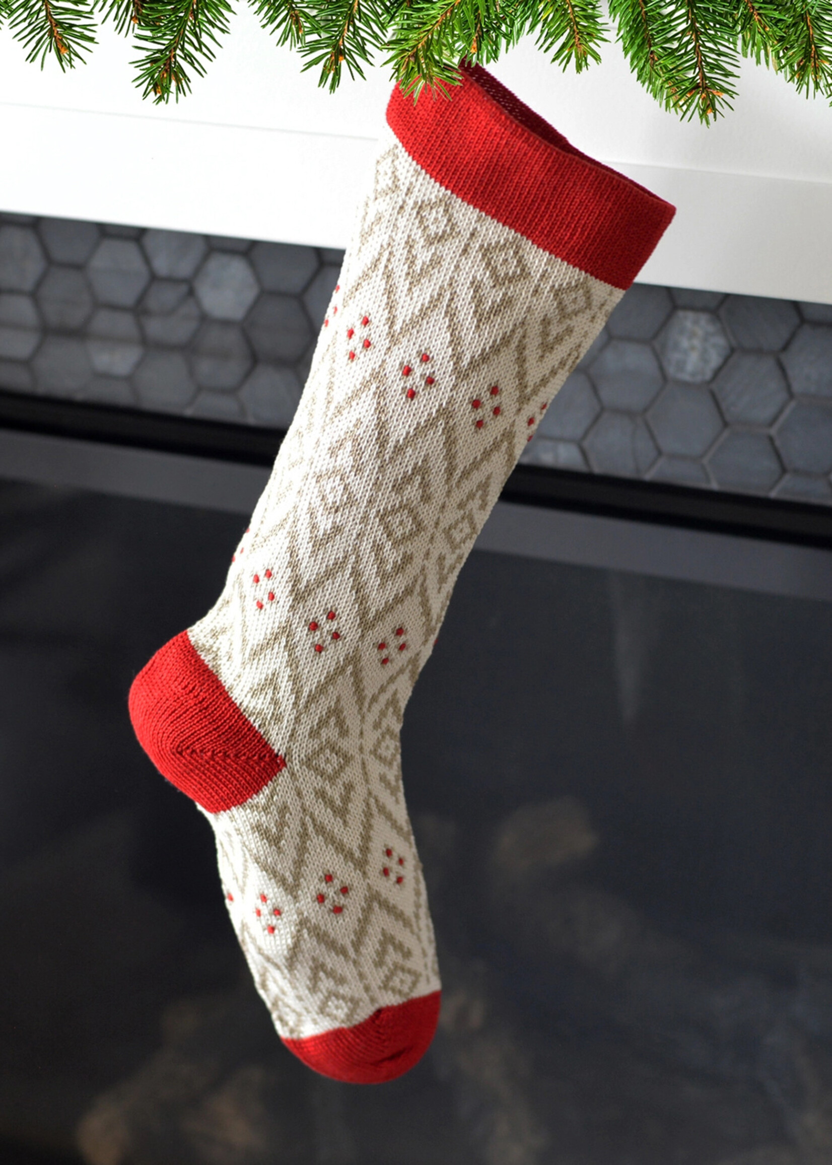 Melange Collection Knit Stocking - Ecru Pattern with Red Detail