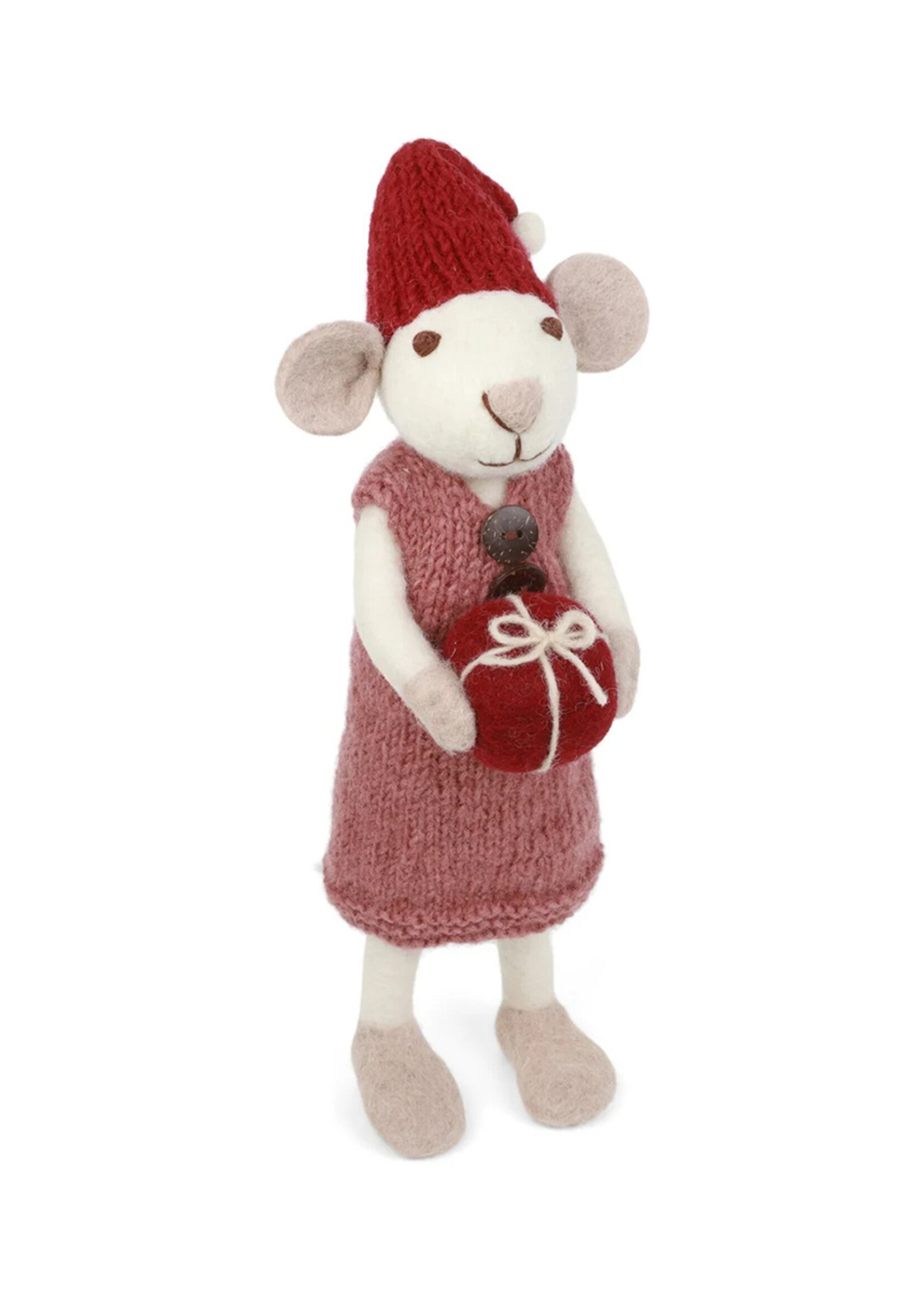 Gry and Sif Large Felt White Mouse with Dusty Red Dress & Present