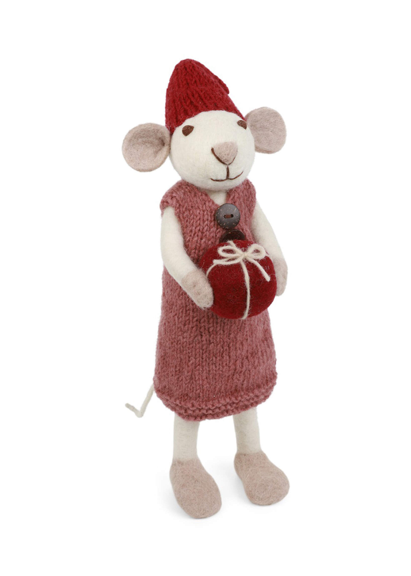 Gry and Sif Large Felt White Mouse with Dusty Red Dress & Present