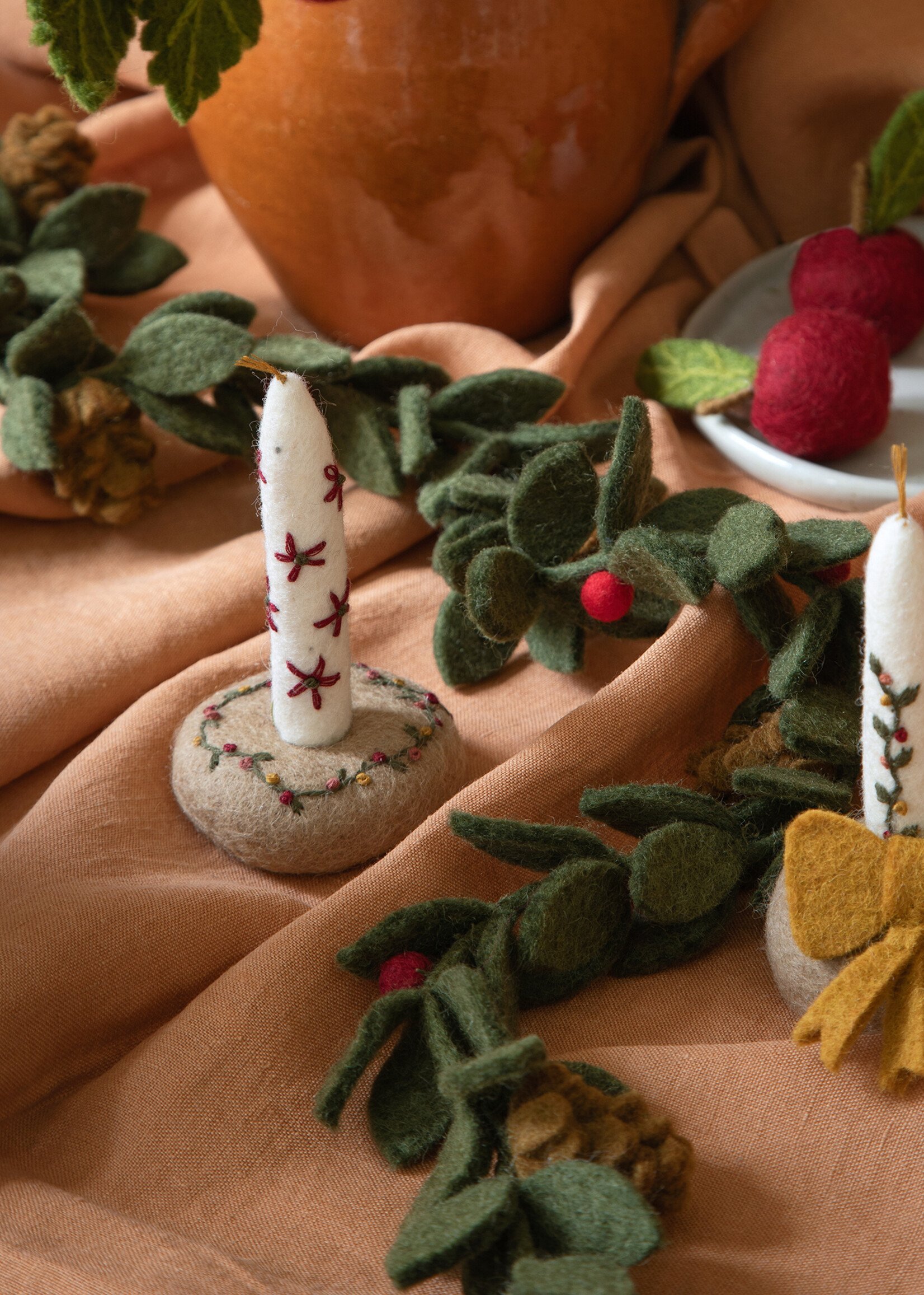 Gry and Sif Felt Green Garland With Red Berries & Pine Cones