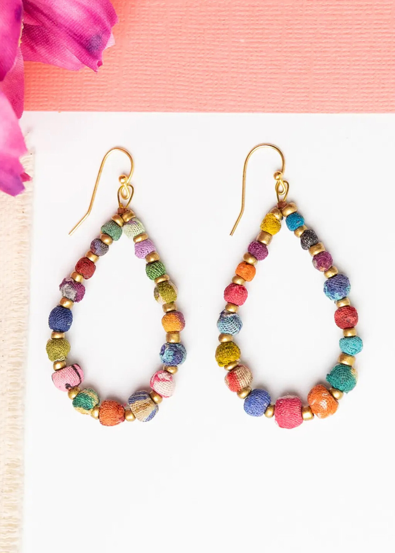 WorldFinds Kantha Tapered Teardrop Hoop Earrings