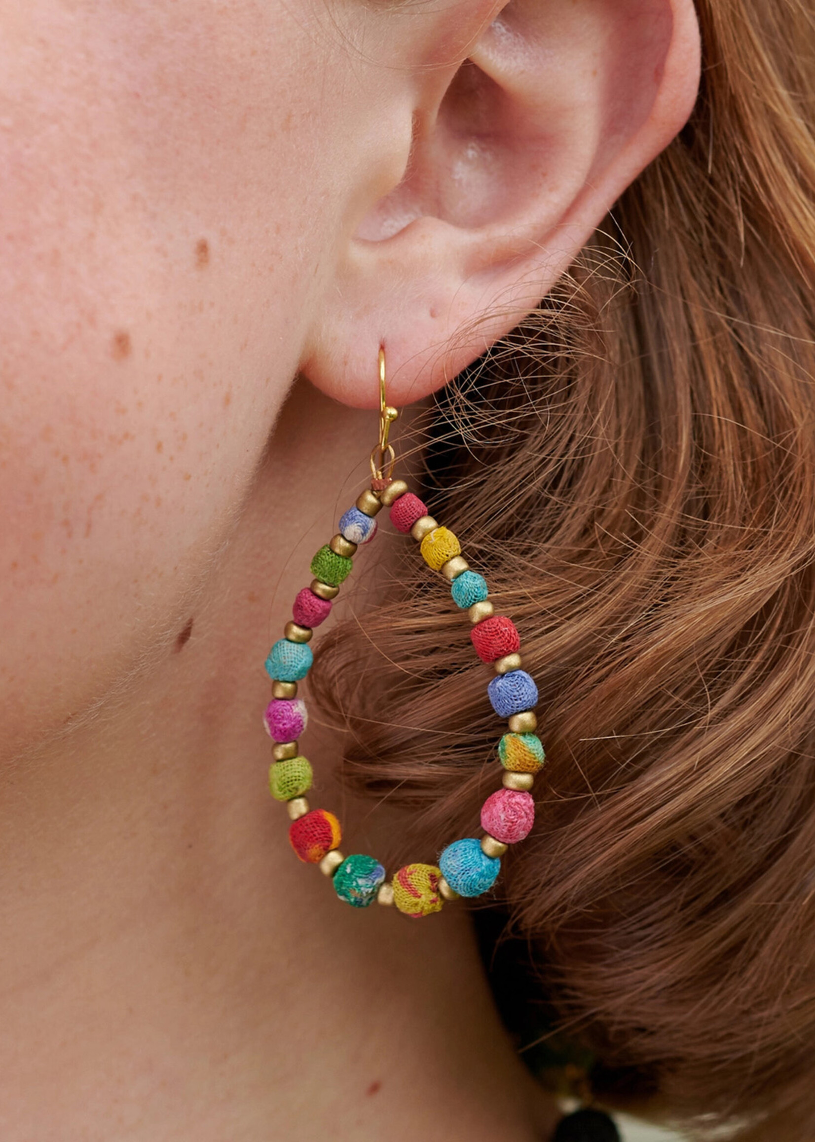 WorldFinds Kantha Tapered Teardrop Hoop Earrings