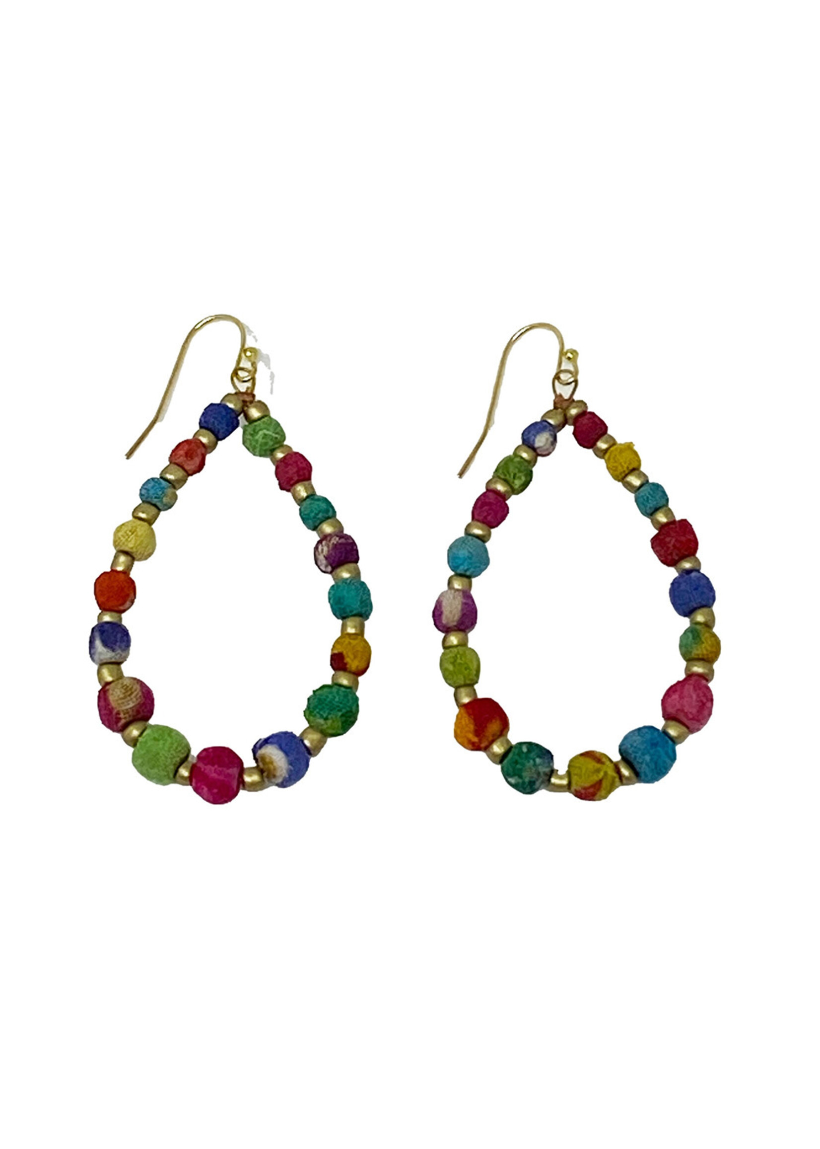 WorldFinds Kantha Tapered Teardrop Hoop Earrings