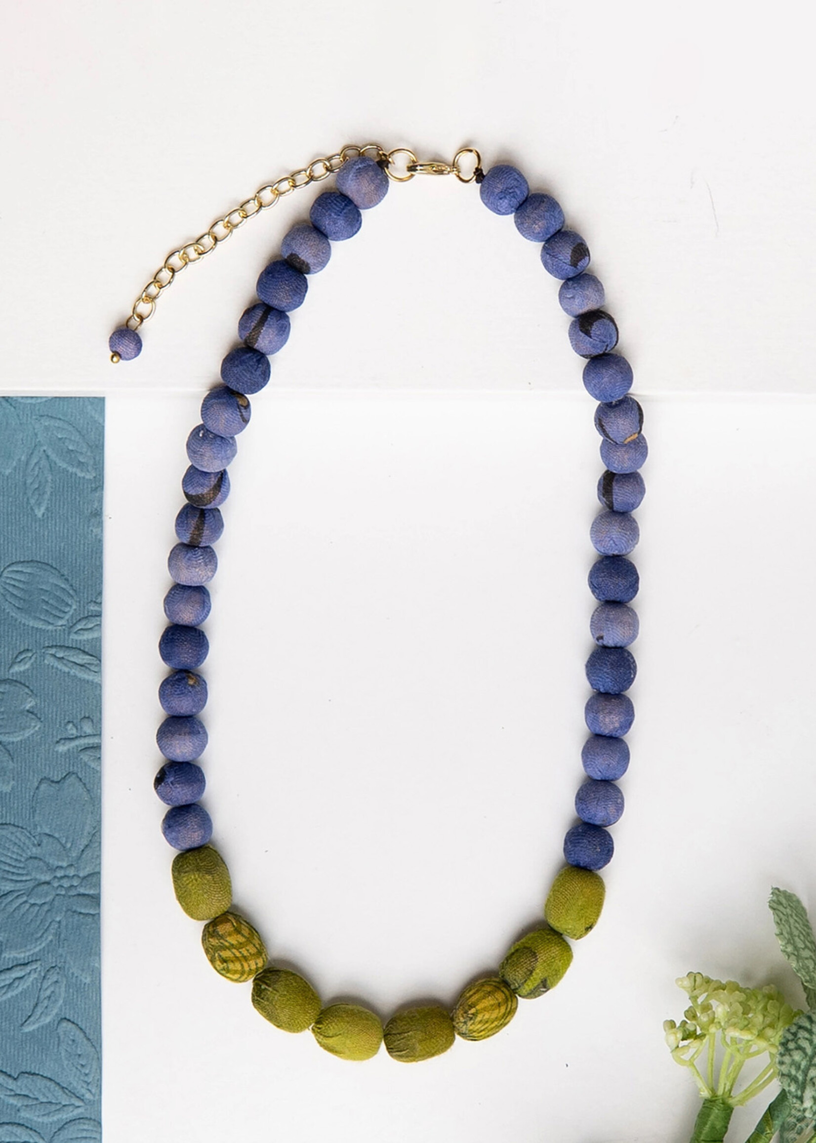 WorldFinds Kantha Couplet Necklace - Denim and Olive