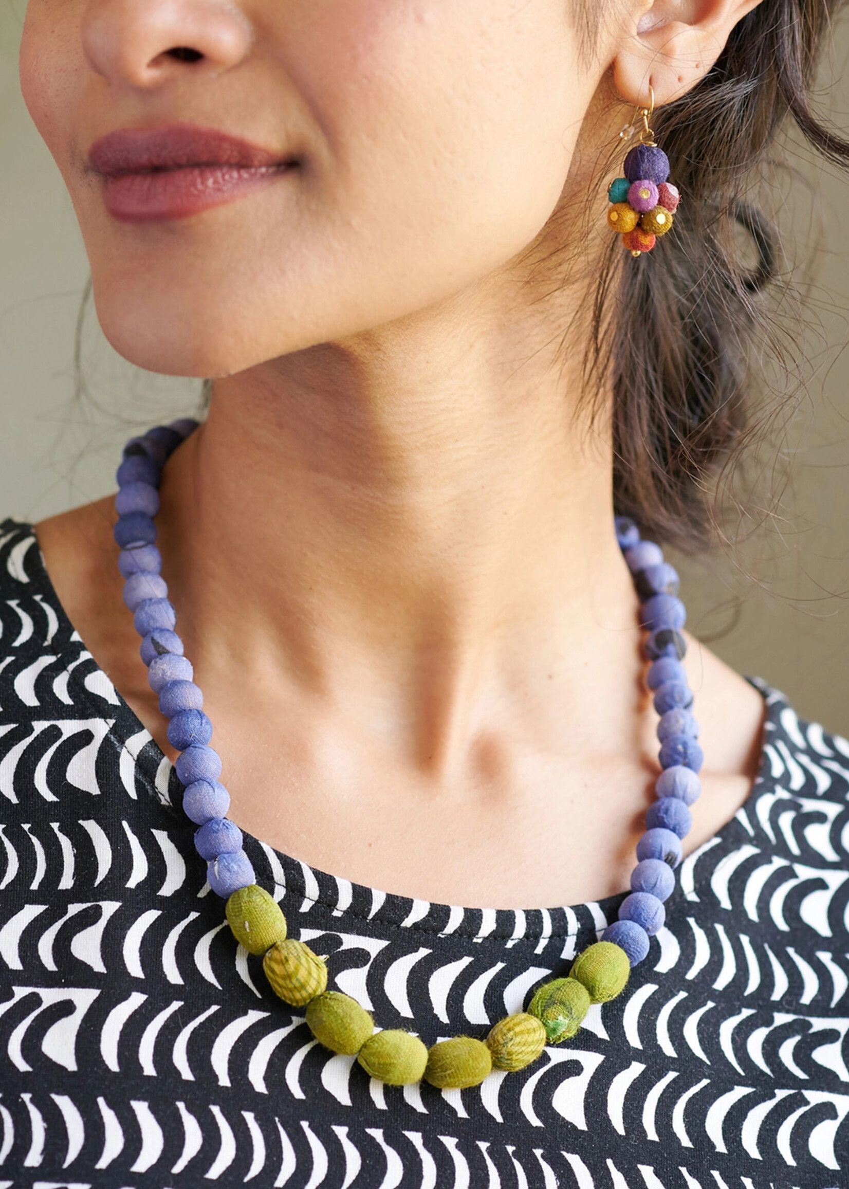 WorldFinds Kantha Couplet Necklace - Denim and Olive