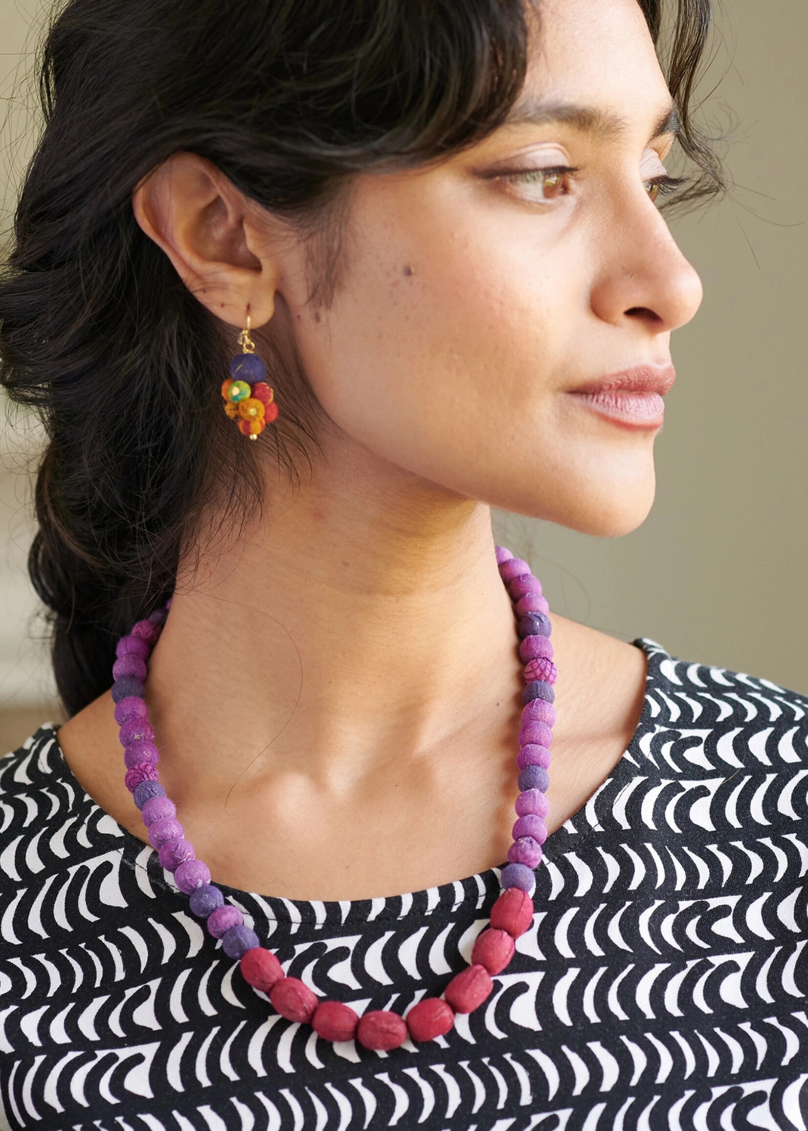 WorldFinds Kantha Couplet Necklace - Purple and Burgundy