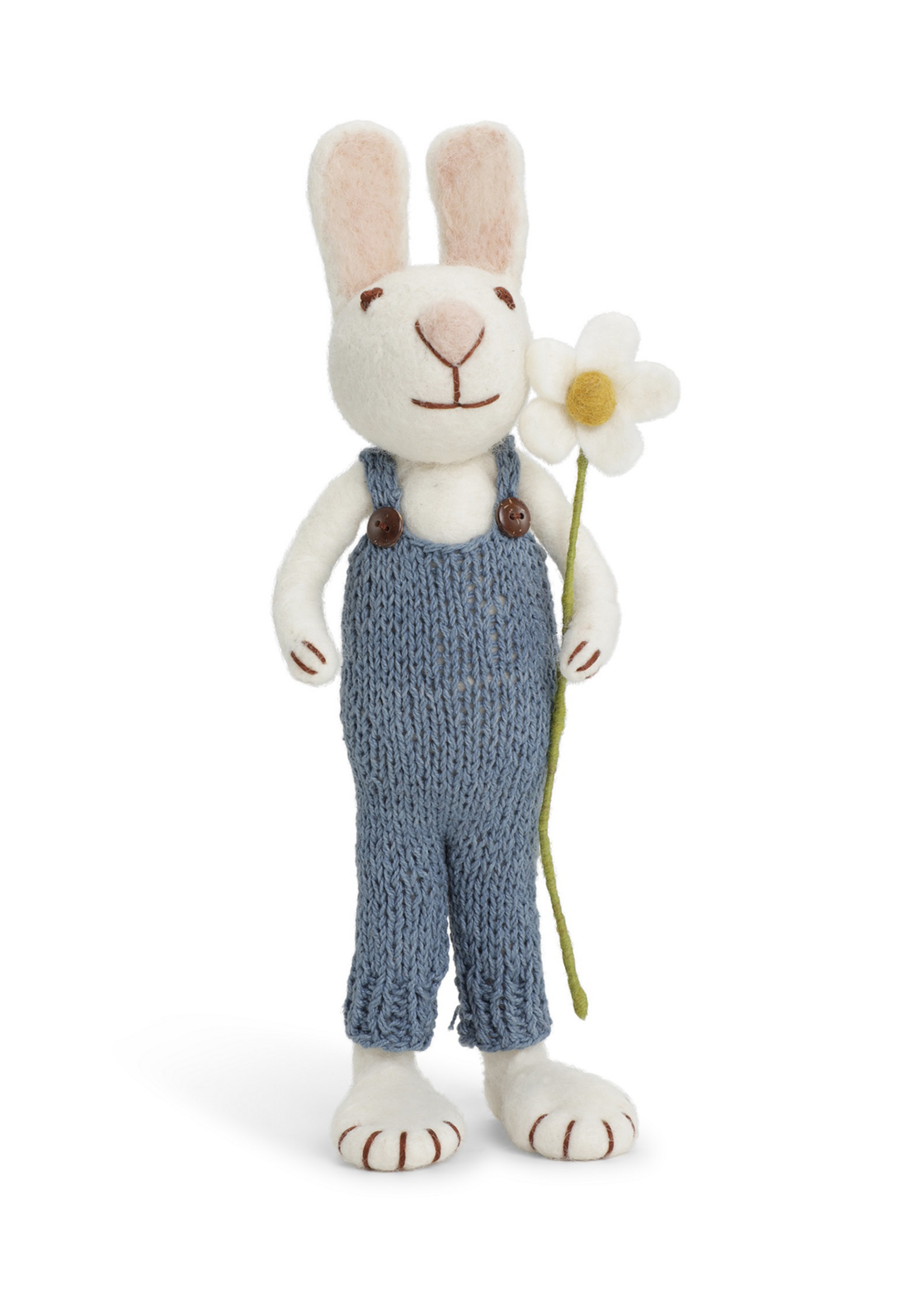 Gry and Sif Extra Large White Felt Bunny with Blue Pants and Marguerite