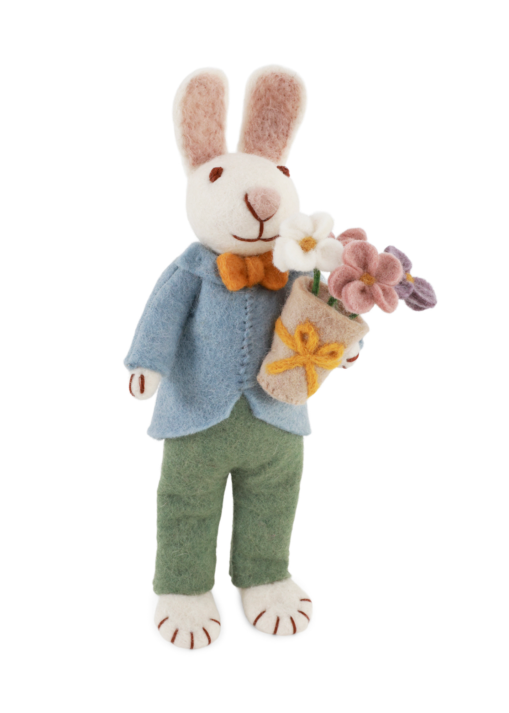 Gry and Sif Felt White Boy Bunny with Bouquet