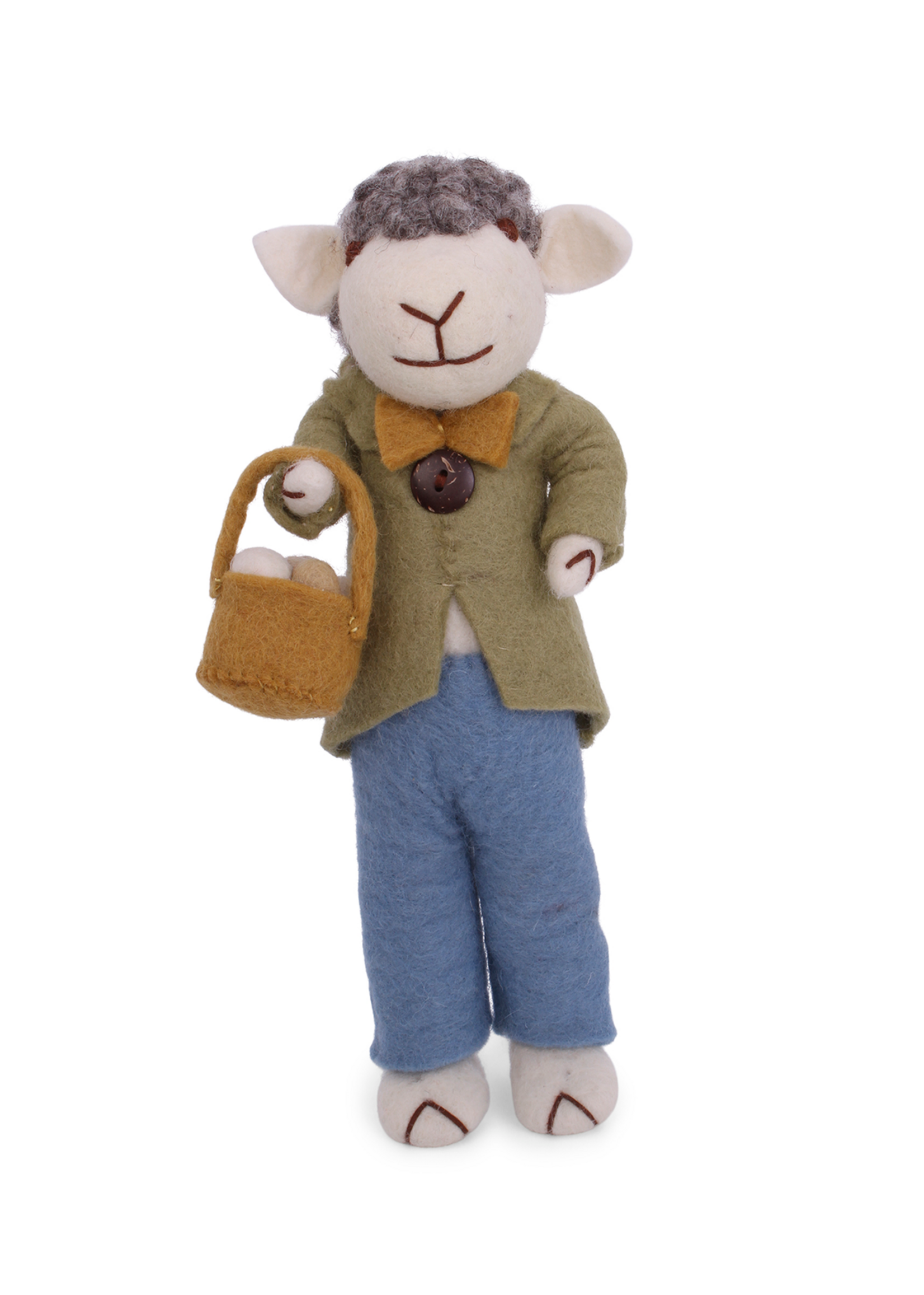 Gry and Sif Grey Boy Sheep with Green Jacket & Egg Basket