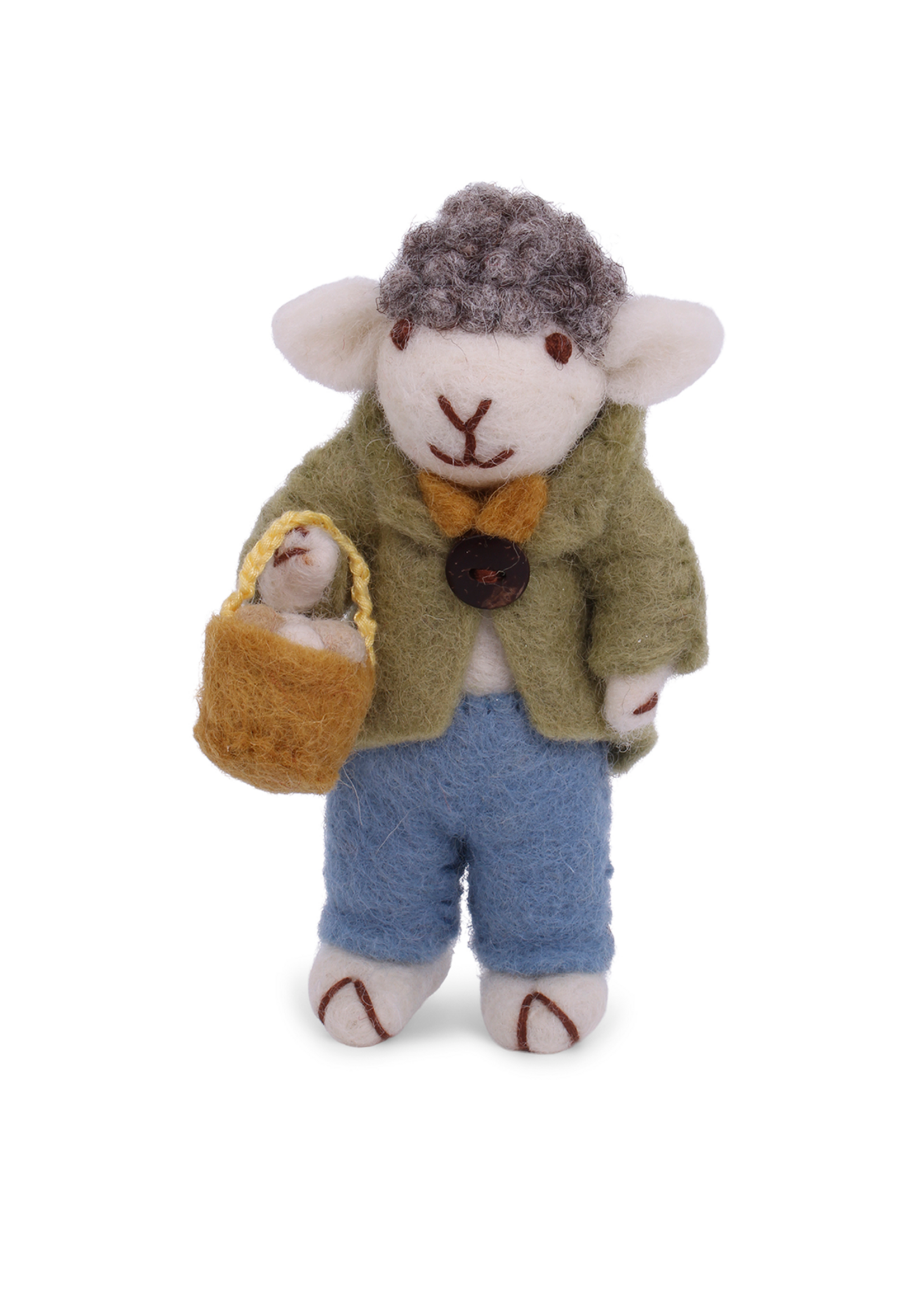 Gry and Sif Felt Grey Boy Sheep with Green Jacket & Egg Basket Ornament