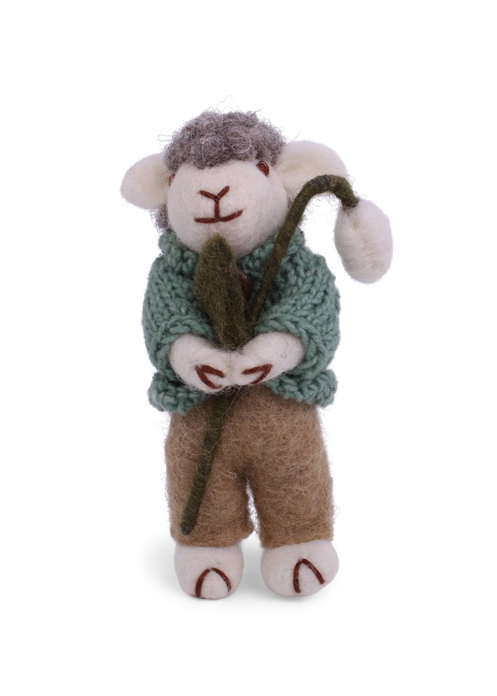 Gry and Sif Felt Grey Sheep with Green Jacket & Snowdrop Ornament