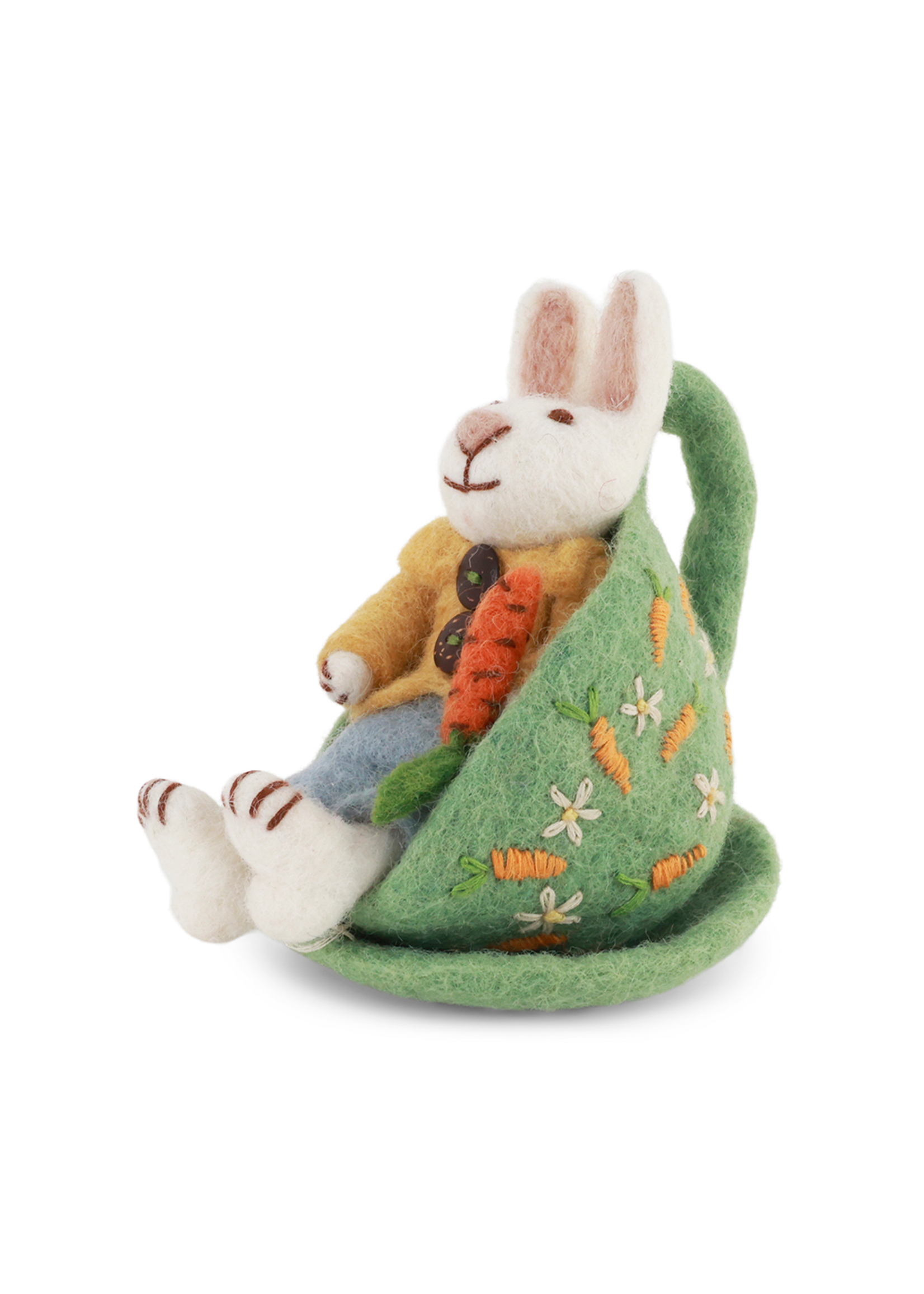 Gry and Sif Felt White Boy Bunny in a Cup with Carrots Ornament