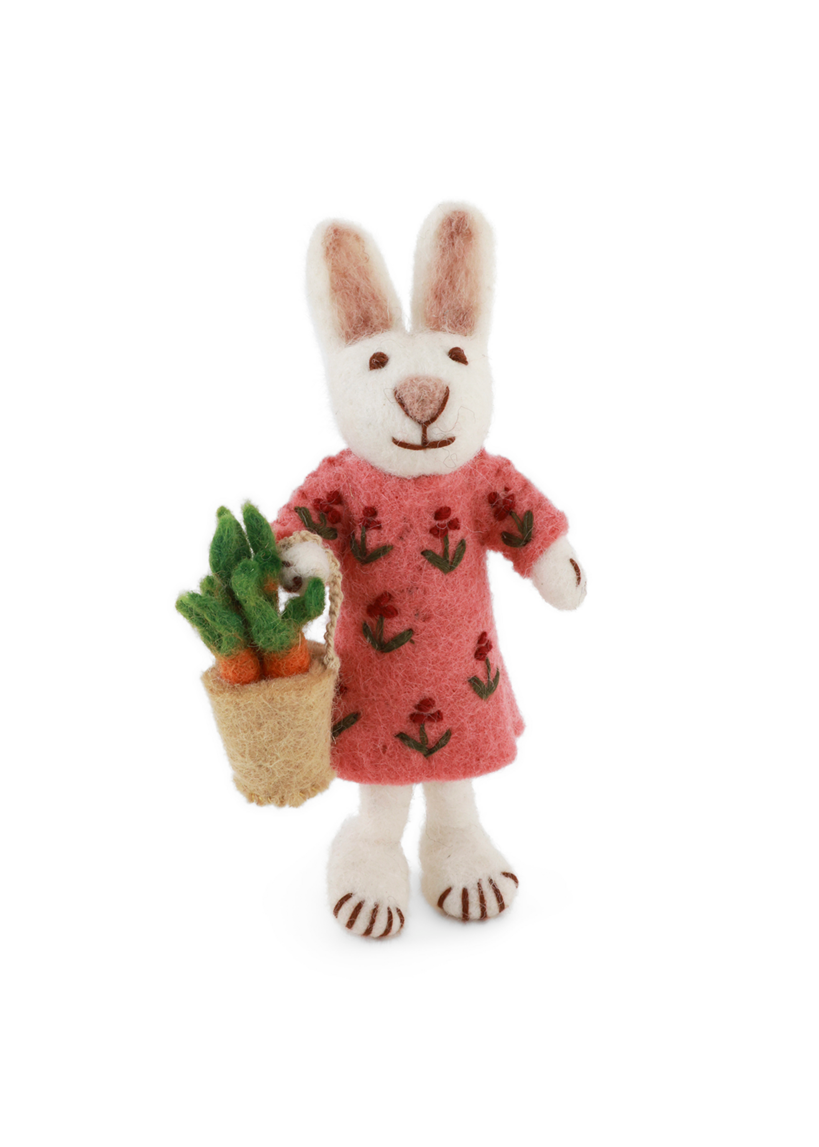 Gry and Sif Felt White Girly Bunny with Carrot Basket Ornament