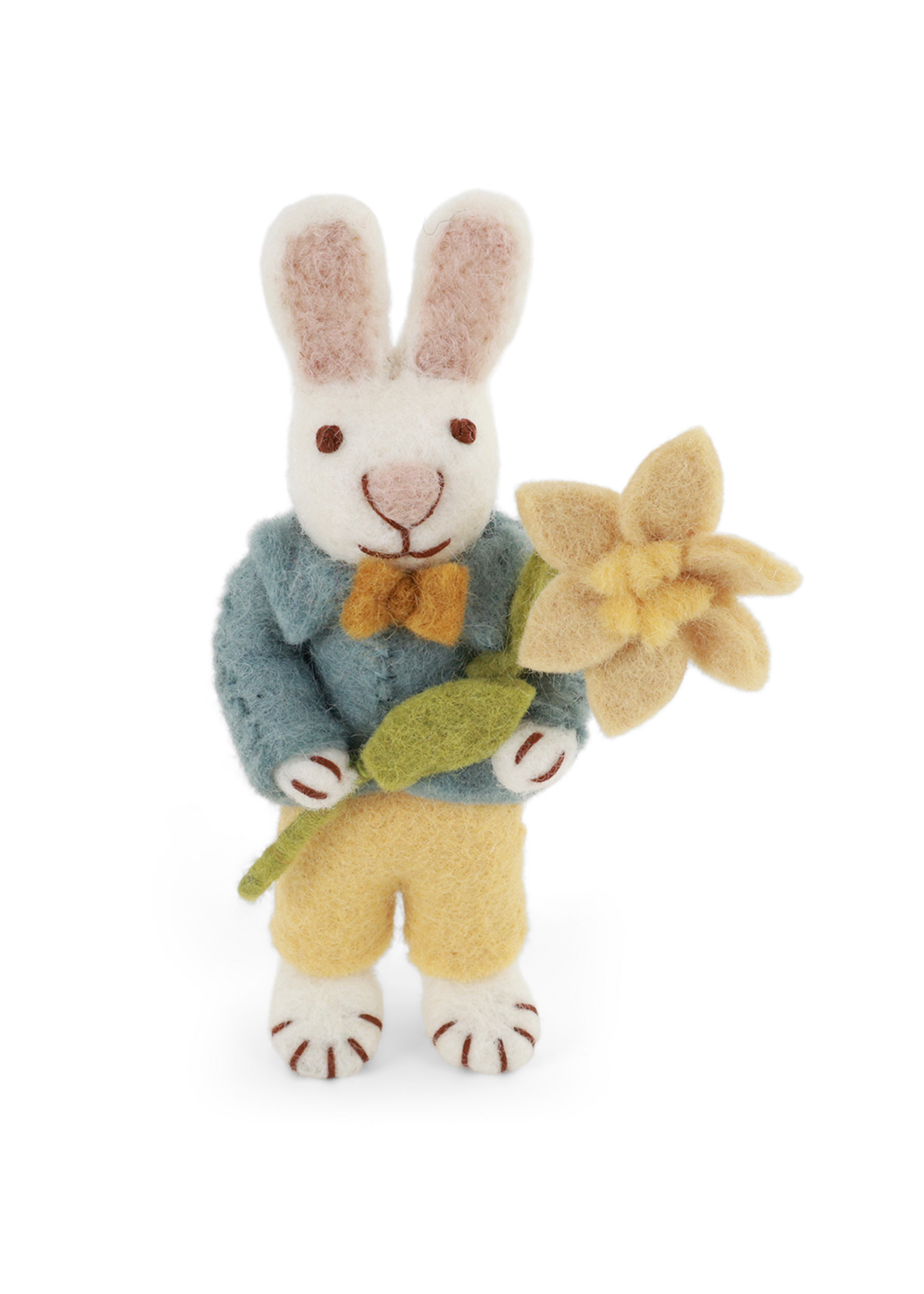 Gry and Sif Felt White Boy Bunny with Blue Jacket & Daffodil Ornament