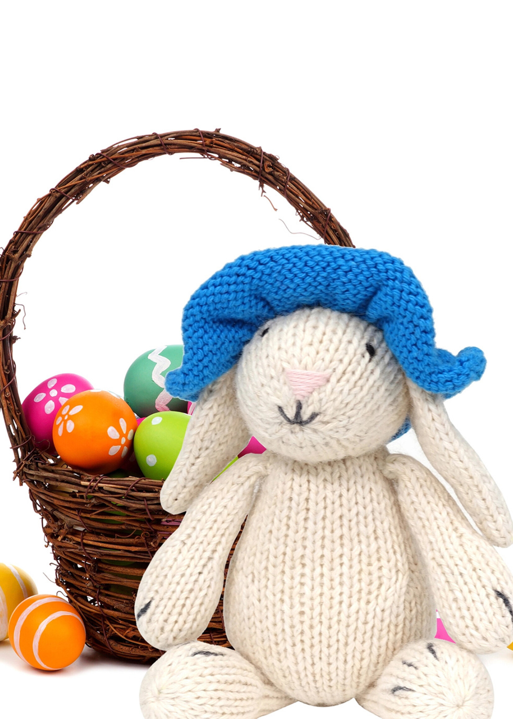 Melange Collection Knit Toy White Bunny with Blue Sun Hat